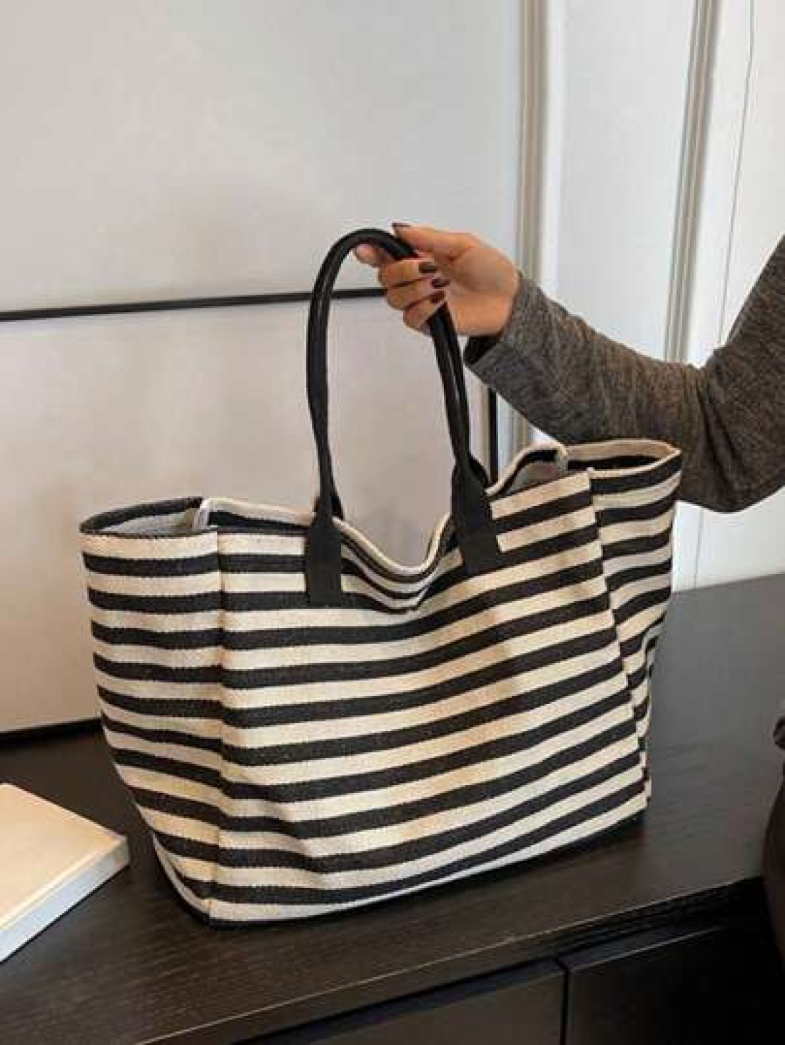 Yogodlns Simple Stripe Design Tote Bag For Girls Women Canvas Shoulder Bag Ladies Shopping Bags High Quality Handbagsschool Tote Bag Portable Foldable Business Casual Suitable For Teen Girls Women Col