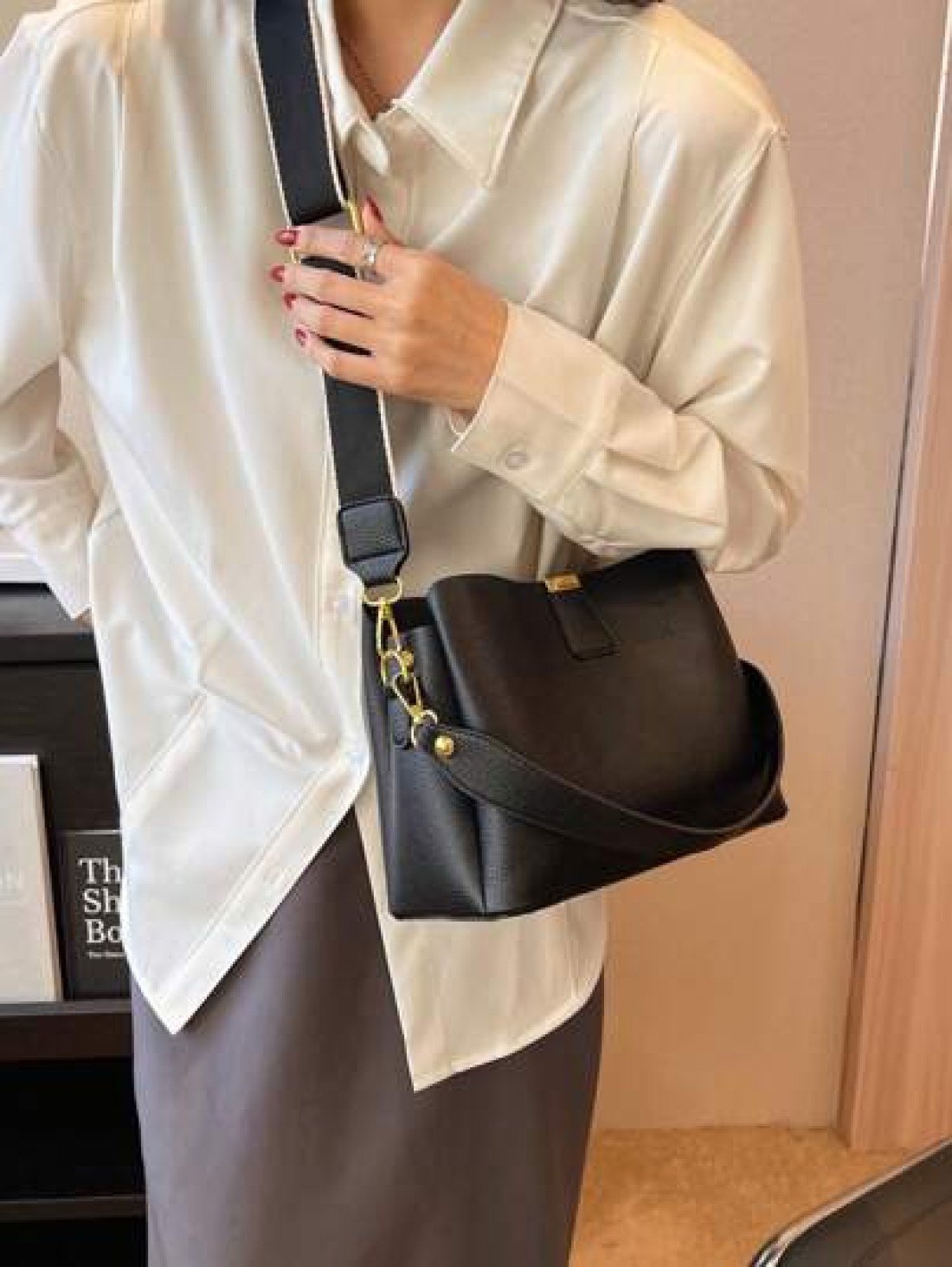 Fashion Elegant Solid Color Wide Strap PU Women Tote Bag With Shoulder Strap