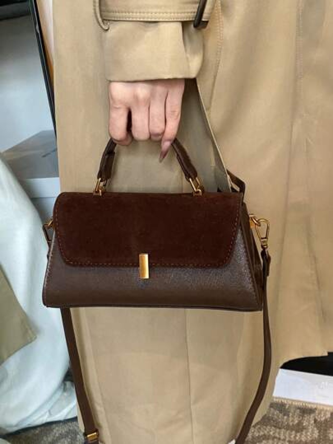 1pc Women Retro Suede Like Fashion Handbag PU Patchwork Shoulder Bag Small Square Daily Work Purse