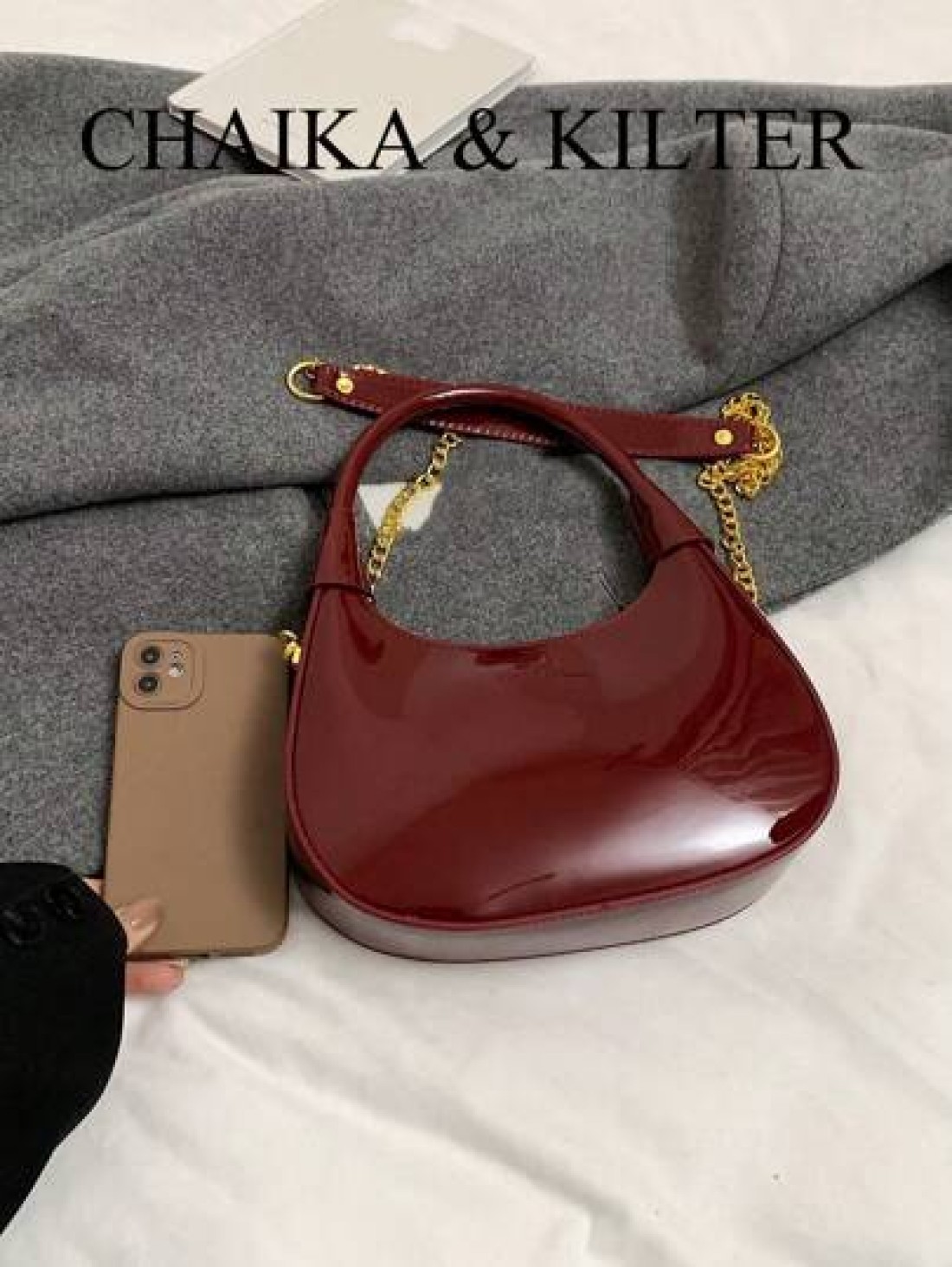 1pc CHAIKA KILTER Women Glossy PU Leather Tote Bag Fashionable Crescent Shaped Armpit Bag With Detachable Metal Chain Zipper Closure Suitable For Daily And Outdoor Use