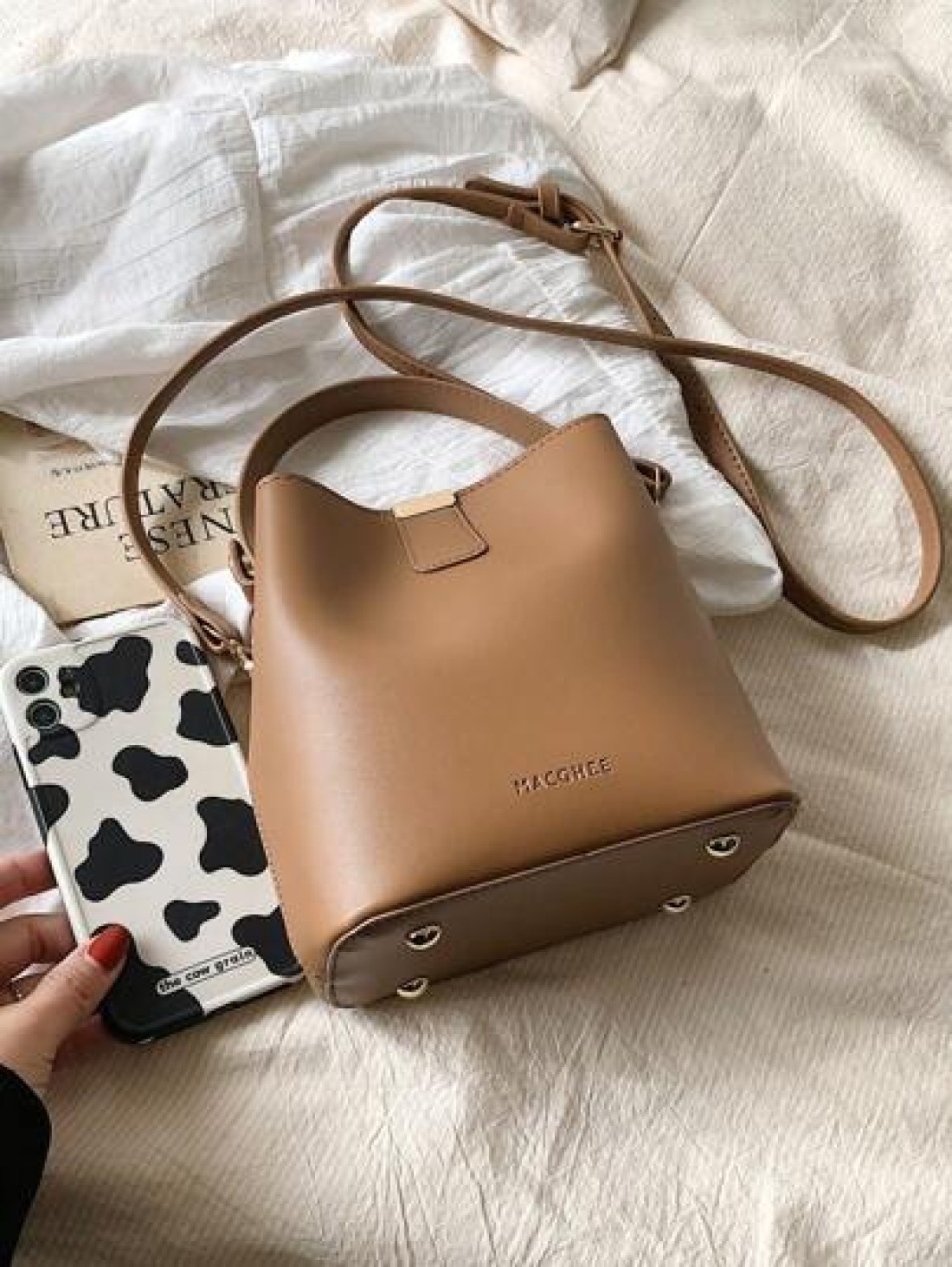 Fashionable Mini Litchi Grain Versatile Solid Color Elegant Casual Tote Shoulder Bucket Bag