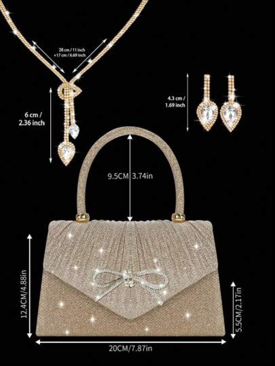 Shiny And Elegant Mini Bow Women s Evening Bag Paired With Exquisite And Luxurious Rhinestone Necklace And Earrings Two Pieces Set New Solid Color Pleated Flap Handbag Suitable For Holiday Parties Dan