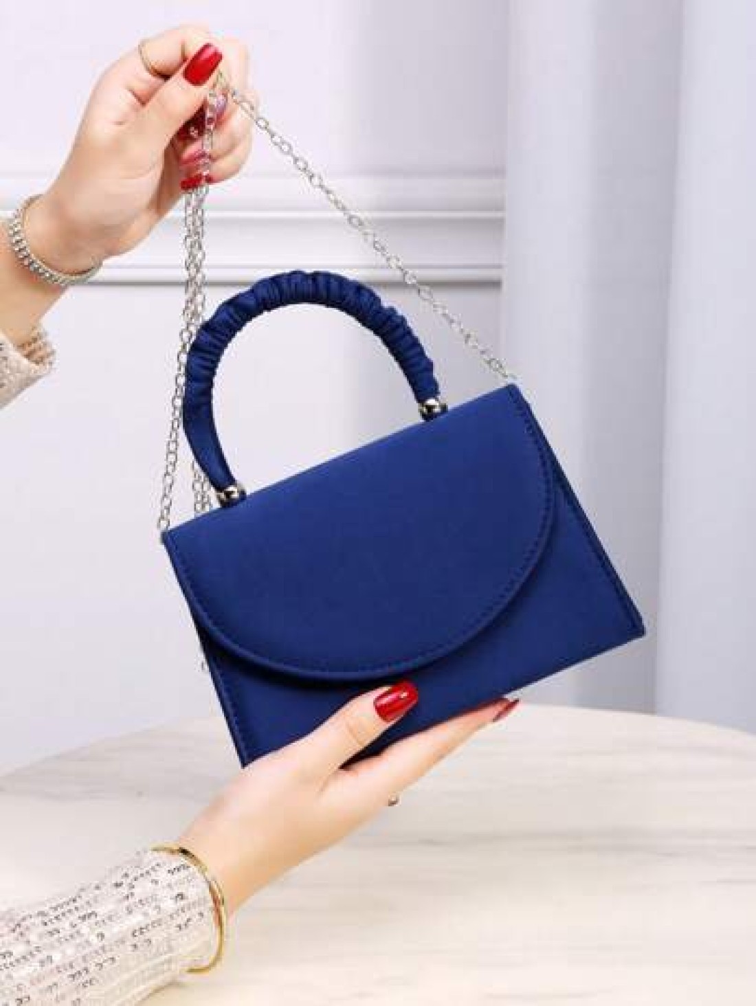 Elegant And Fashion Navy Blue Corduroy Handbag Wrist Pleated Magnetic Closure Flap Cover Evening Bag Suitable For Ladies Daily Use Birthday Party And Wedding Ball Chain Bag Best Birthday And Valentine