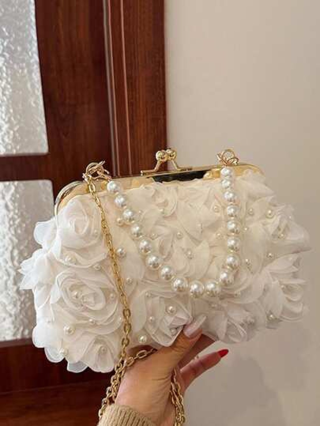 1pc White Romantic Wedding Season 2025 Spring Summer Pearl Net Yarn Flower Clip Pearls Handbag Ladies High End Luxurious Dress Evening Bag Bridal Bag For Wedding Party Banquet Elegant Pearl Bag Exquis