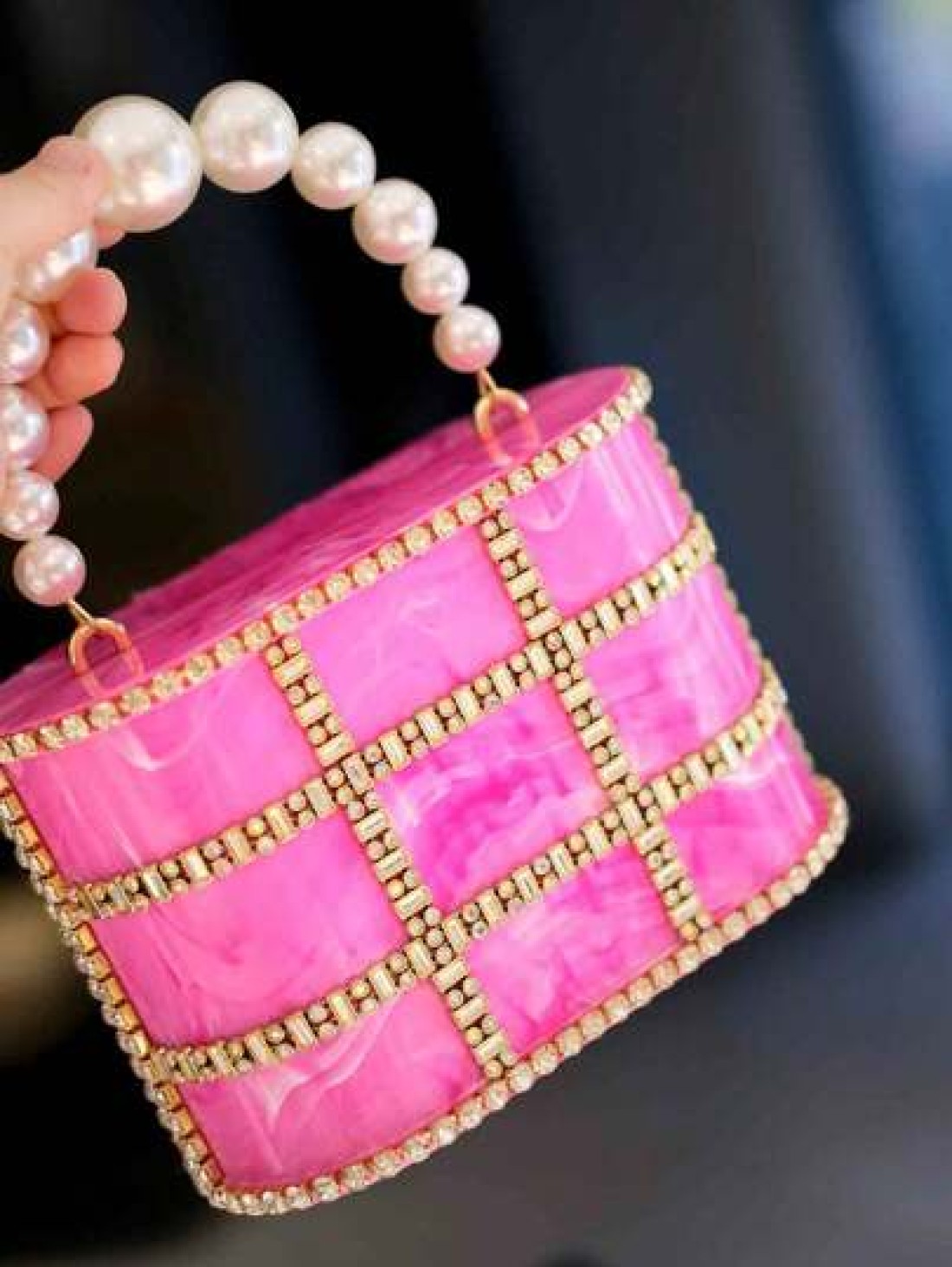1pc Rose Pink Marble Texture Rhinestoned Pearl Party Clutch Bag With Chain Strap Luxury Evening Bag Suitable For Wedding Gala