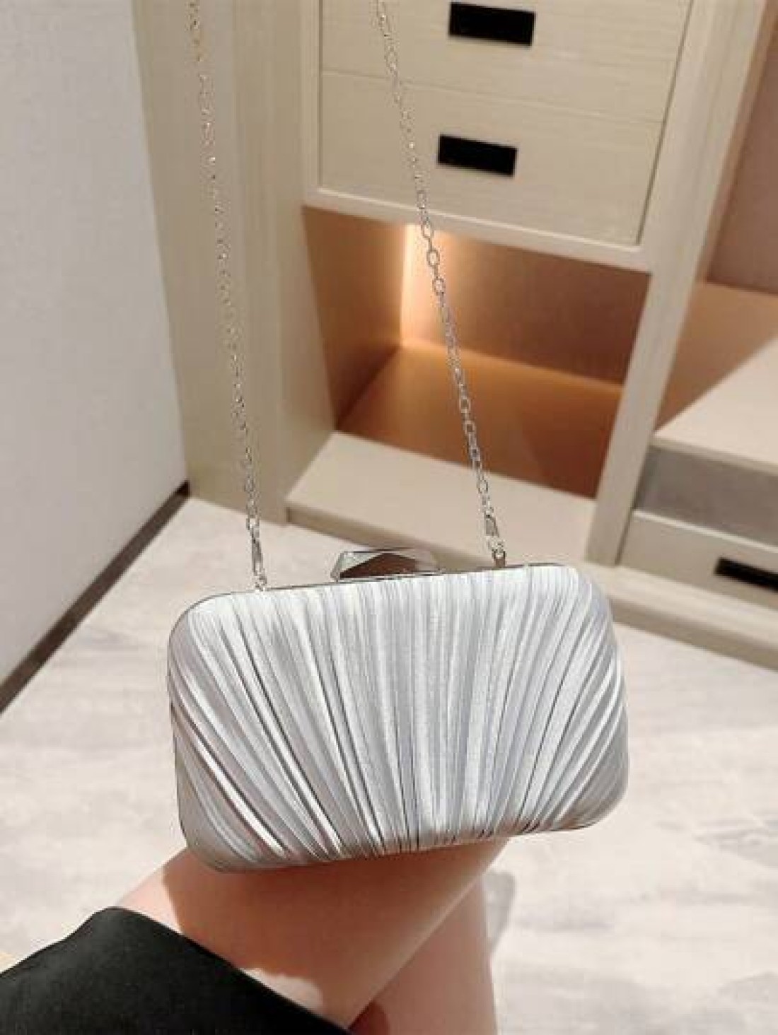 Women s Luxurious Pleated Chain Satin Box Clutch Bag Evening Bag