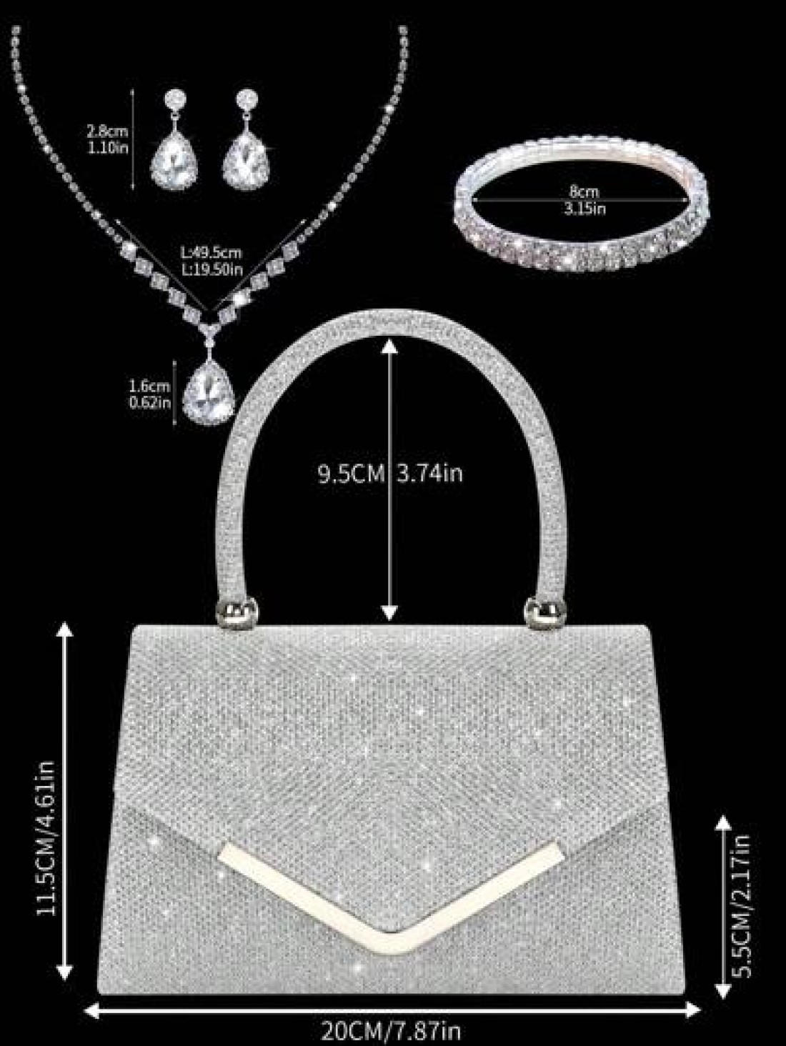 Shiny Elegant Fashionable Charming Rhinestone Flap Handbag Exquisite Women s Evening Bag Matched With Glitter Rhinestone Jewelry Three Pieces Set Luxurious And Exquisite Rhinestone Necklace Bracelet A