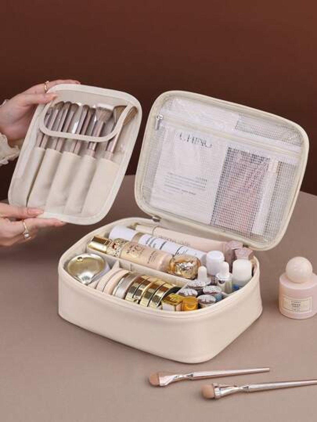 1pc Detachable Multi Layer Divided Makeup Bag Large Capacity Portable PU Waterproof Cosmetic Case Removable Makeup Brush Bag Lipstick And Skincare Products Travel Organizer Pouch Makeup Travel Toiletr