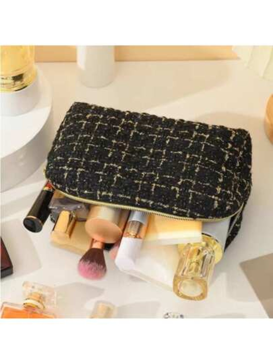 1pc Large Capacity Checkerboard Hand Woven Cosmetic Bag Portable Toiletry Organizer Travel Case For Travel Storage Bag Makeup Bag Cosmetic Bag Vacation Organizer Large Capacity Makeup Organizer Makeup