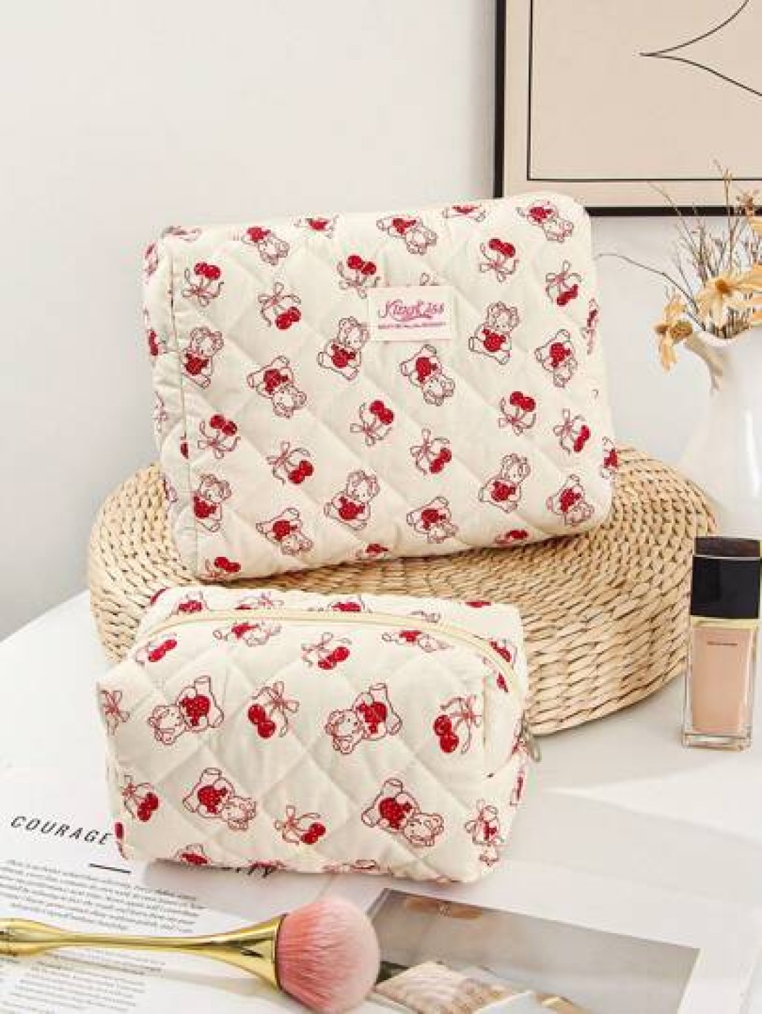 1 Piece Cherry Bear Cosmetic Bag Set Cherry Pattern Multifunctional Makeup Bag Square Large Capacity Makeup Bag Travel Toiletry Bag Aesthetci Toiletry Bag Pencil Case Skincare Bag For Travel Cruises M