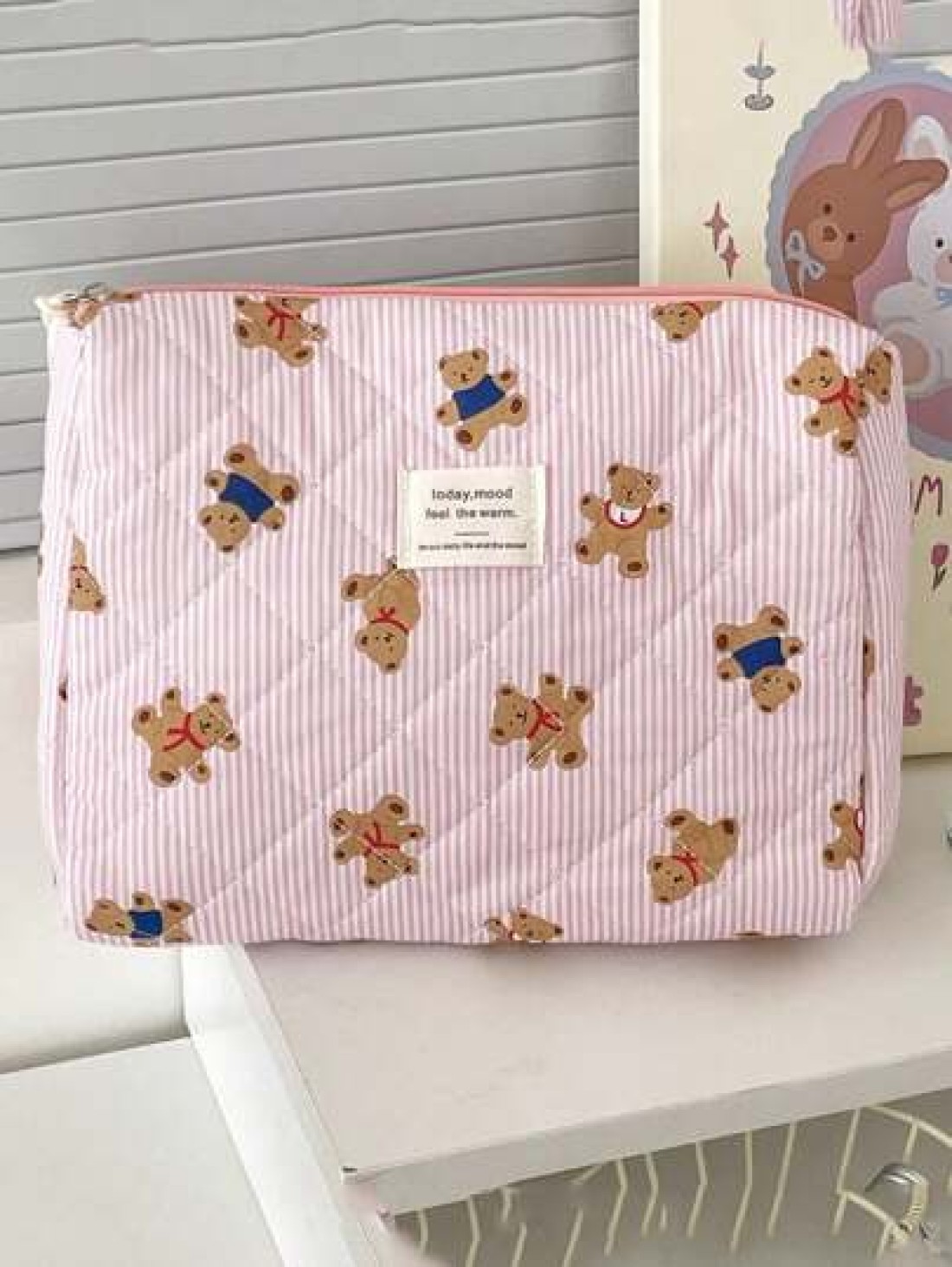 1Pc Set Cute Pink Bear Pattern Large Capacity Multifunctional Cosmetic Bag Makeup Bag Girls Make Up Bag Back To School Wallet Pouch Portable Cosmetics Brush Clutch With Zipper Closure For Lipstick Mom