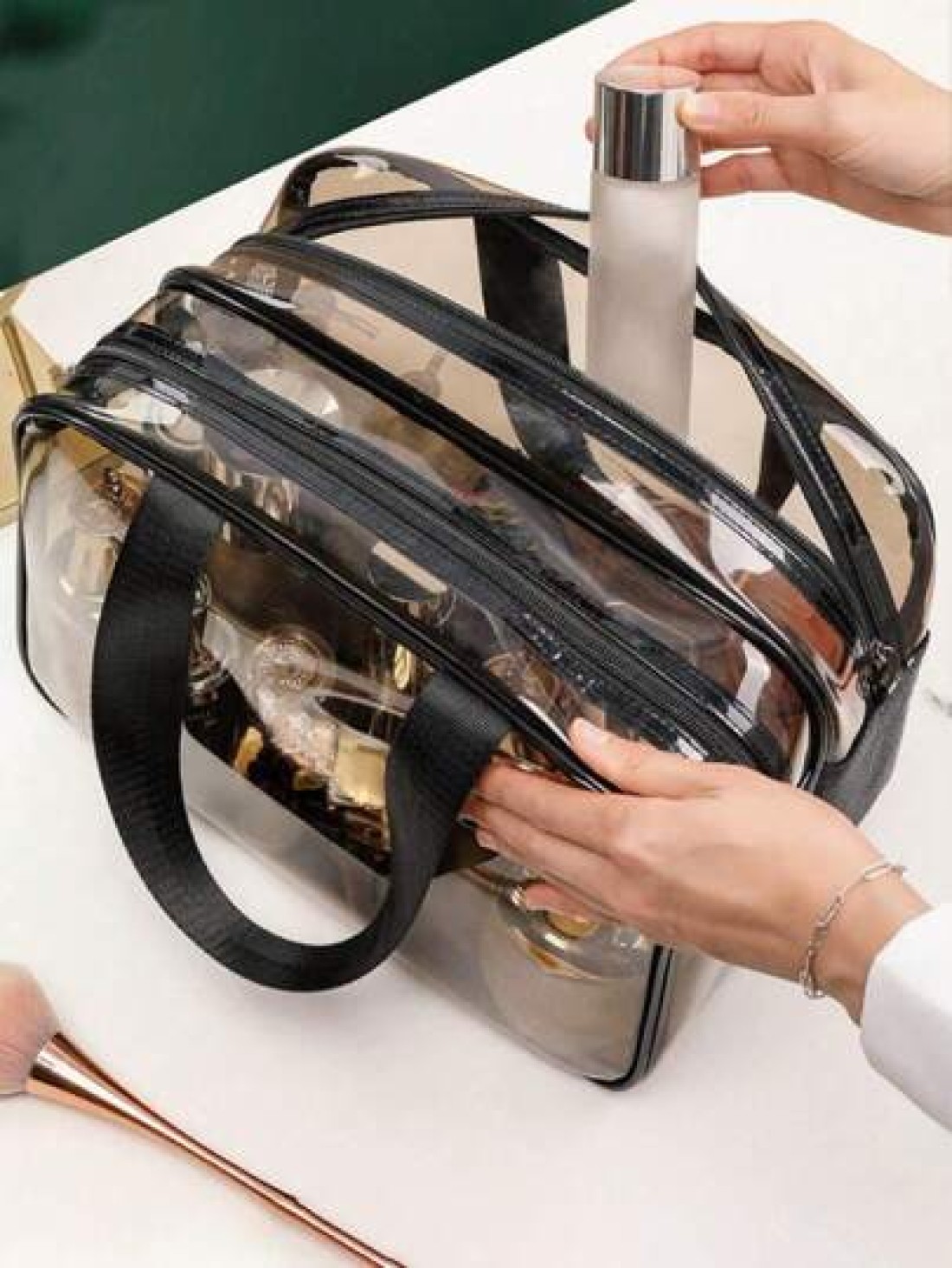 1pc Double Layer Clear Travel Toiletry Bag Large Capacity Handheld Makeup Organizer Pouch Zipper Mesh Pockets For Cosmetics Skincare Toiletries Jewelry And More Ideal Gift For Mother s Day Valentine s