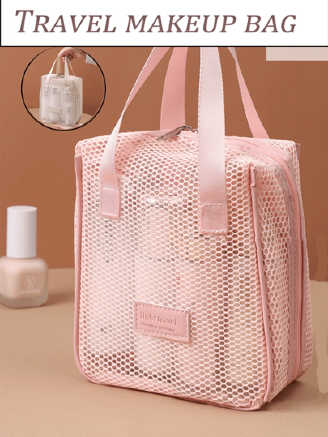 1pc Large Capacity Pink Mesh Makeup Bag Portable Travel Toiletry Organizer Multi Functional Storage Pouch Zipper Bag Travel Bag For Cosmetics Skincare Phone Jewelry Small Items Gift Holiday Use Availa