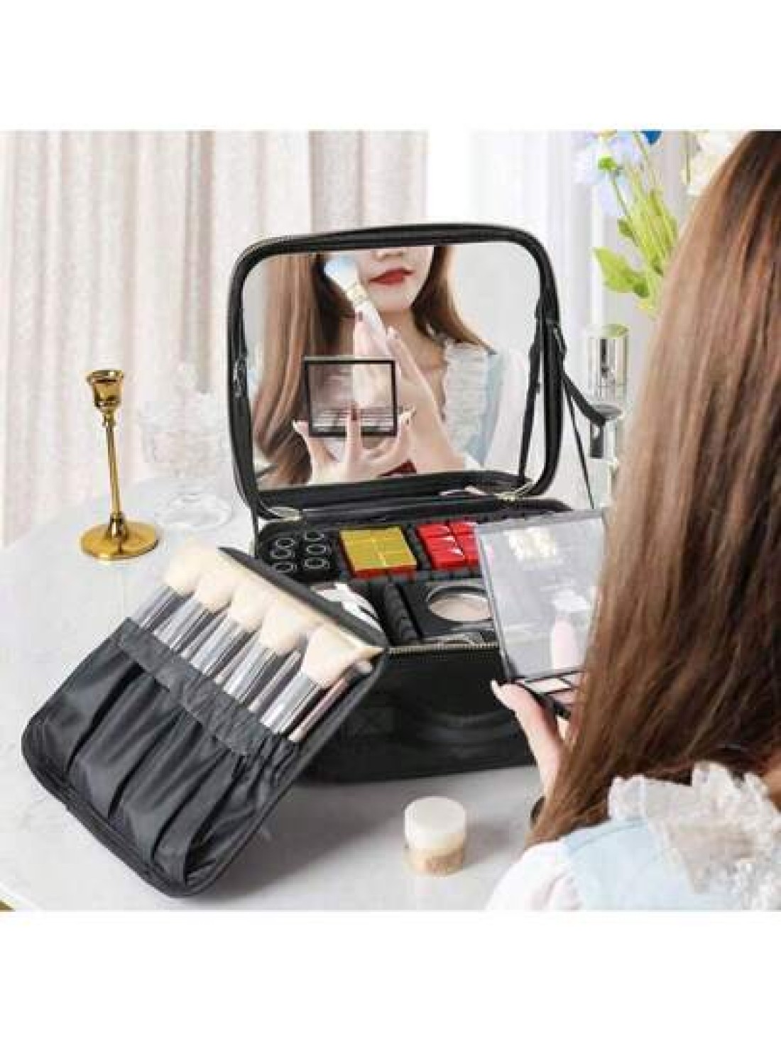Professional Makeup Case With Lights Full Screen Mirror Cosmetic Storage Bag Fully loaded Portable Makeup Artist Brush Beauty Nail Tool Box Leather Travel Makeup Bag