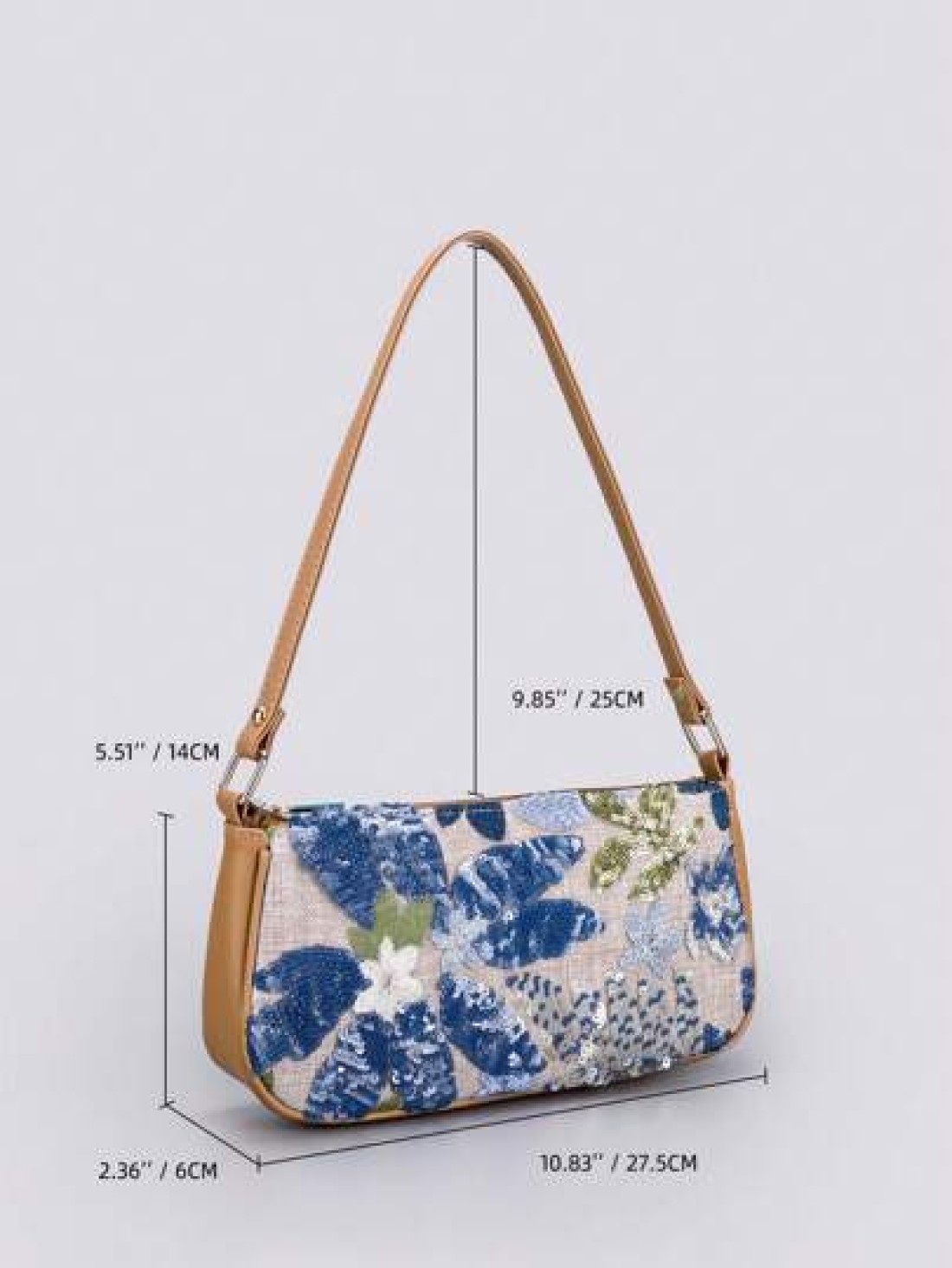Sequin Embroidery Floral Baguette Bag Ladies Fashion All Match Beaded Stitching Underarm Bag With Color Block Embroidery Zipper Shoulder Bag Cut Randomly Elegant Pearl Bag