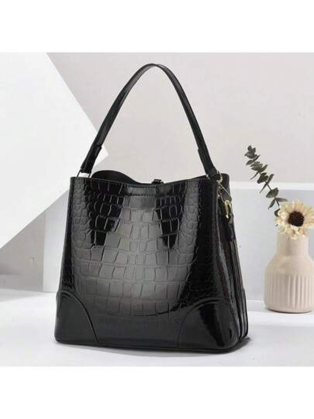 1 Pc Stone Texture Handbag 2024 New High End Glossy PU Bucket Bag With Multiple Compartments Large Capacity Suitable For Daily Commute Shoulder Carry