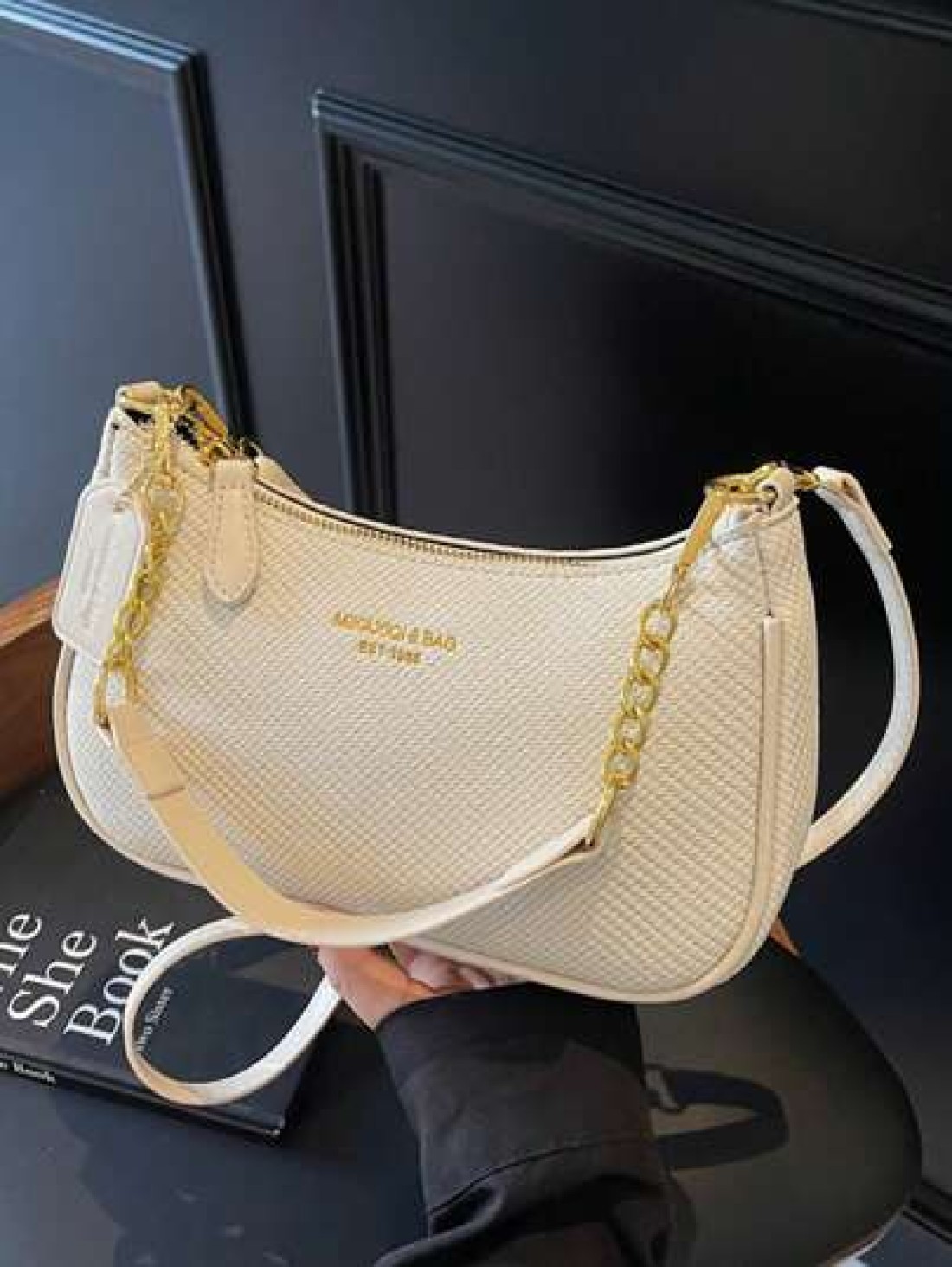 New Stylish Elegant Solid Color PU Underarm Bag With Metal Chain Handle For Women