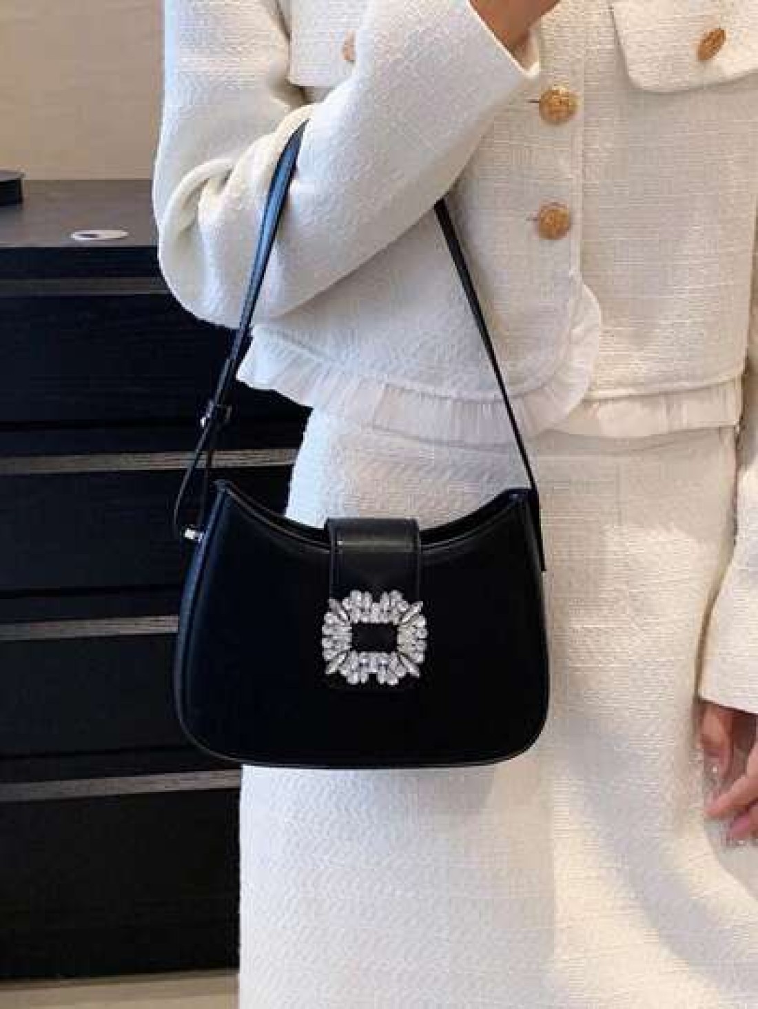 Shoulder Bag With Rhinestone Decorative Armpit Bag Versatile And Fashionable Rhinestone Glitter Saddle Underarm Bag PU Leather Textured Bag Purse Fashion Versatile Bag