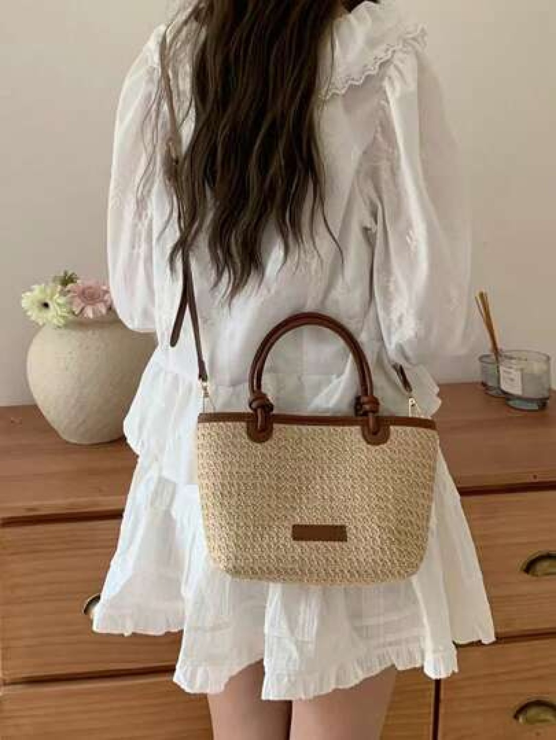 Summer Beach Vacation Straw Woven Handbag Tote Shoulder Bag Rope Knot Picnic Basket Bag Fashion For Women Girls Going Out Shopping Gift