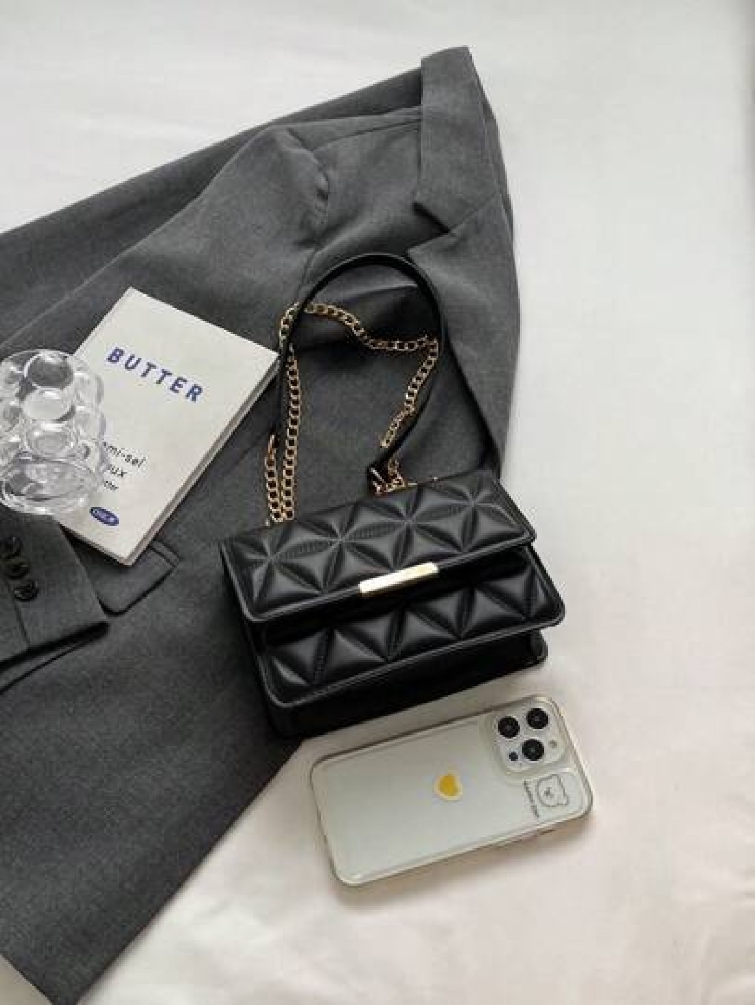 1pc Fashionable Solid Color Pressed Flap Mini Shoulder Bag With Chain Strap