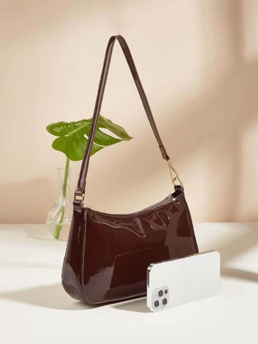 Artificial Patent Leather Minimalist Hobo Bag Perfect For Music Festival