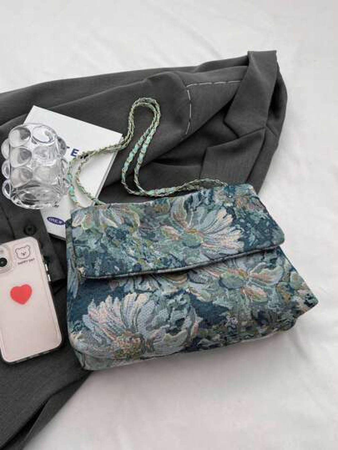 Floral Pattern Square Bag Flap Polyester Chain Strap