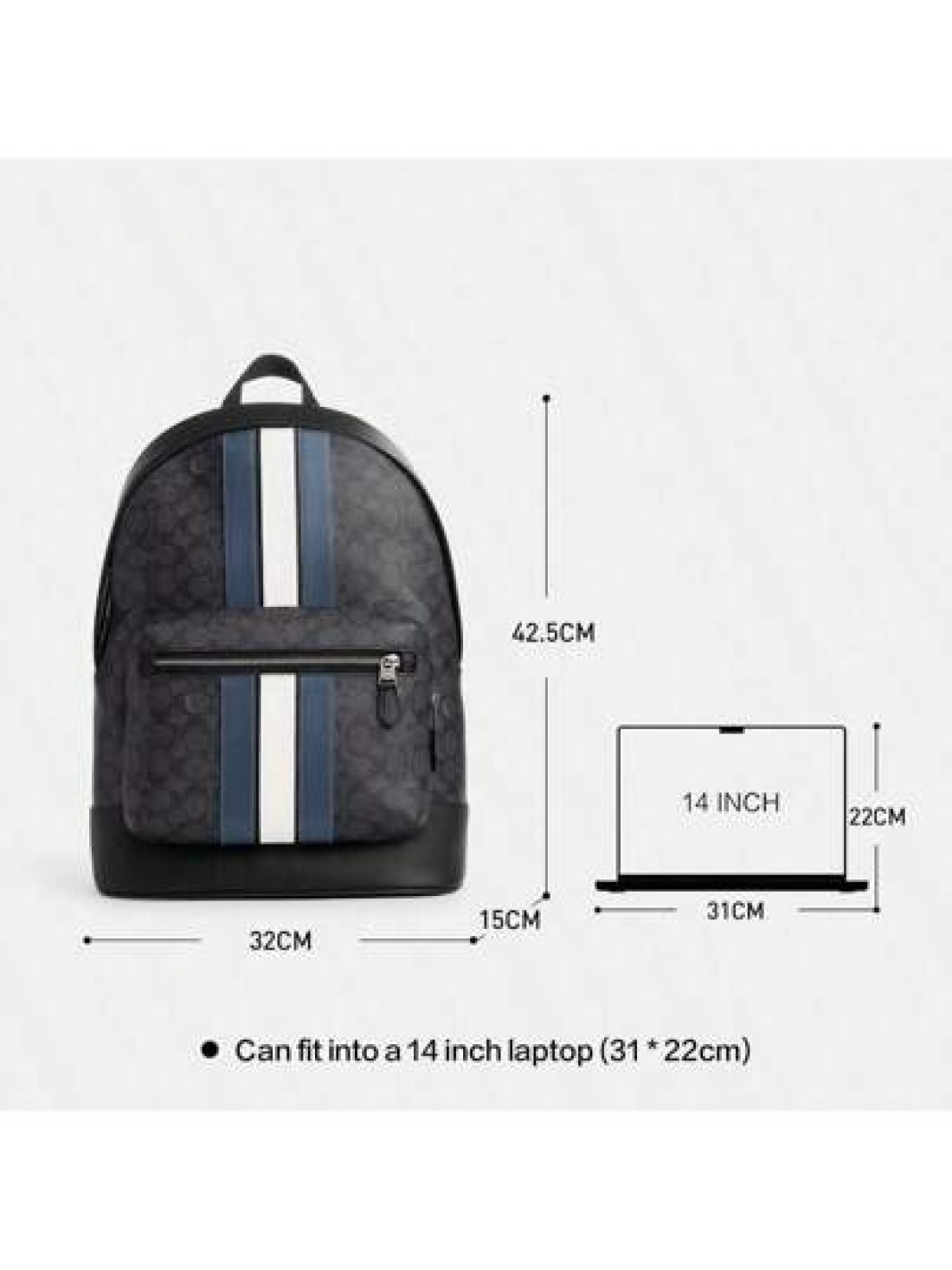 Coach WEST 32 Stripe Colorblock Zipper Closure Faux Leather Backpack Large Size Men s Charcoal Black Denim Blue Chalk White