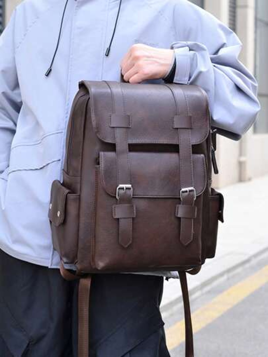 Men s Fashionable Casual Plain PU Flap Multi Pocket Large Capacity Backpack Suitable For Business Shopping Travel And Versatile Wear