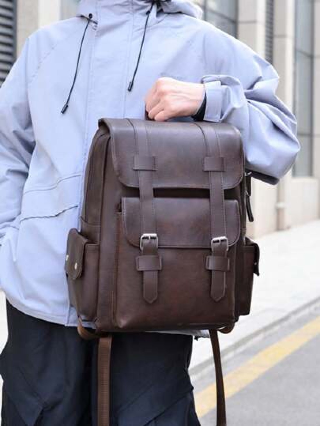 New Spring Summer Solid Color PU Material Fashion Stylish Men Backpack Business Casual Backpack Student Schoolbag Flap Style Large Capacity Multi Pocket Organizer Fits Books Documents Clothes Laptop U