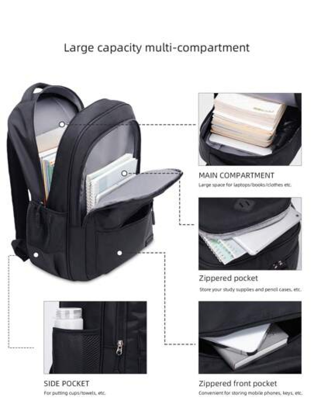 1pc Classic Black Backpack For Men Large Capacity Multi Layer Design Adjustable Shoulder Strap Polyester Lining Zipper Closure Side Water Bottle Holder Suitable For School And Travel Casual Style Back