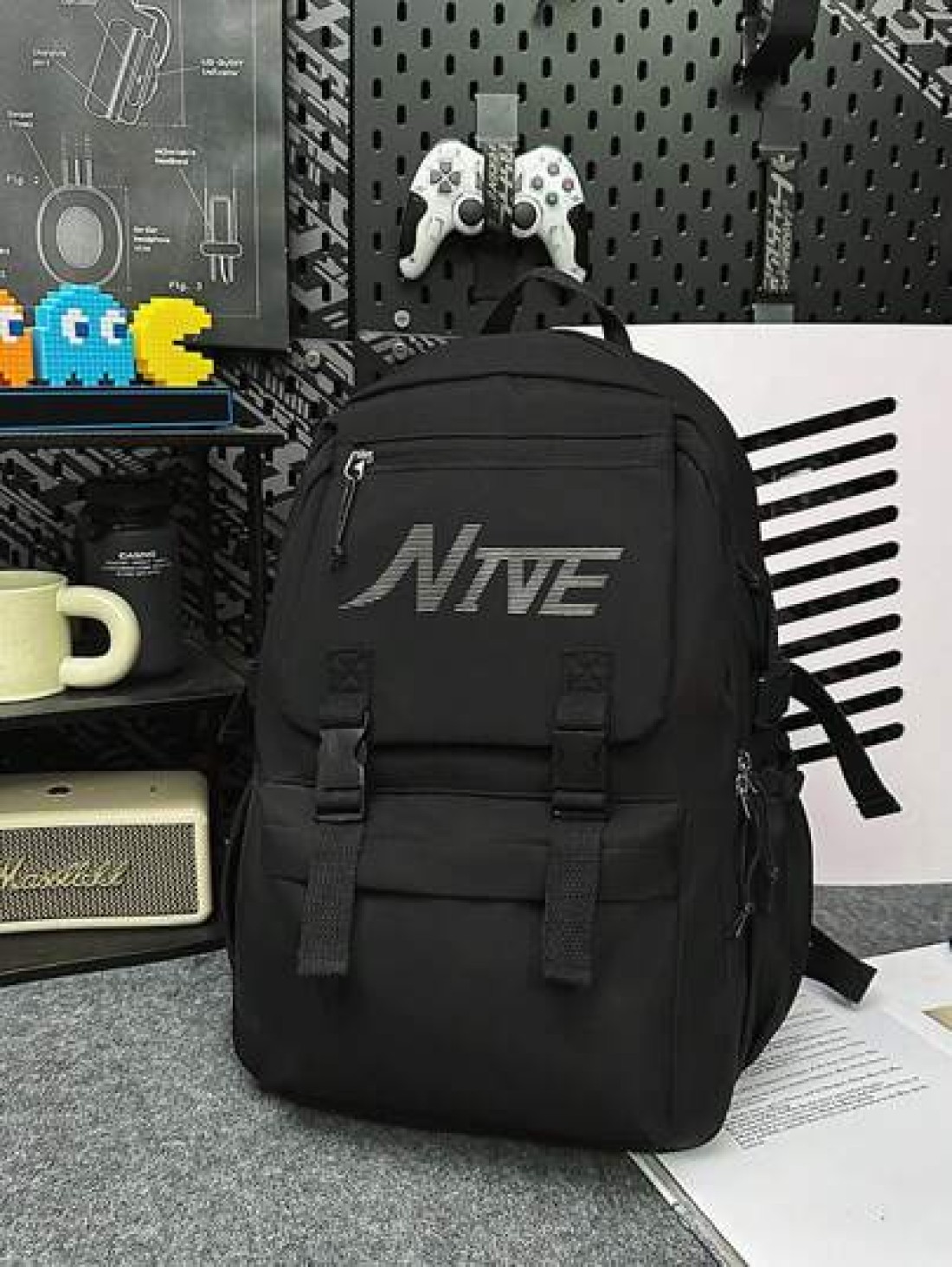 Men s Black Graphic Print Flap Large Capacity Travel Backpack Middle School Student Campus Bag Boys Rucksack