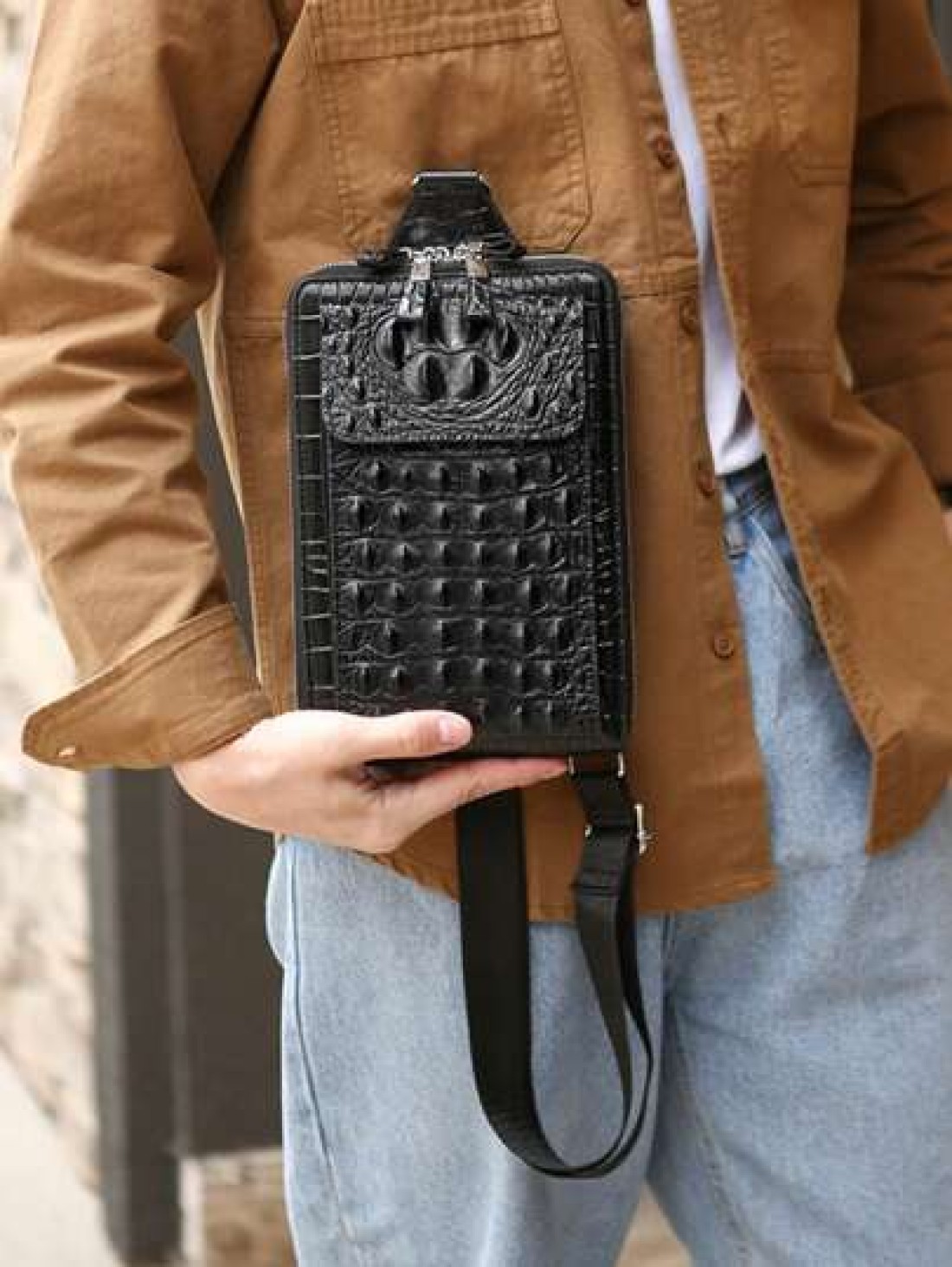 European American Fashion Crocodile Pattern Waist Bag New Men Crocodile Texture Personalized Crossbody Chest Bag Shoulder Bag