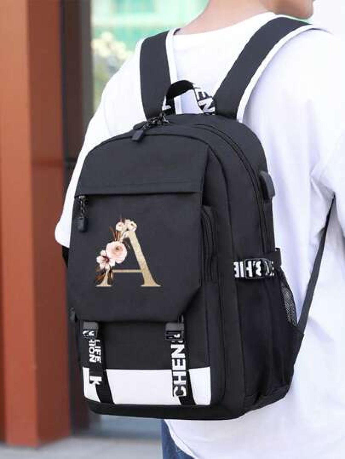 1pc Letter Printed Fashionable Functional Nylon Backpack With Extra Charging Port Suitable For Men Ideal For High School And College Students For Season Traveling And Vacation Letters From A To Z Holi