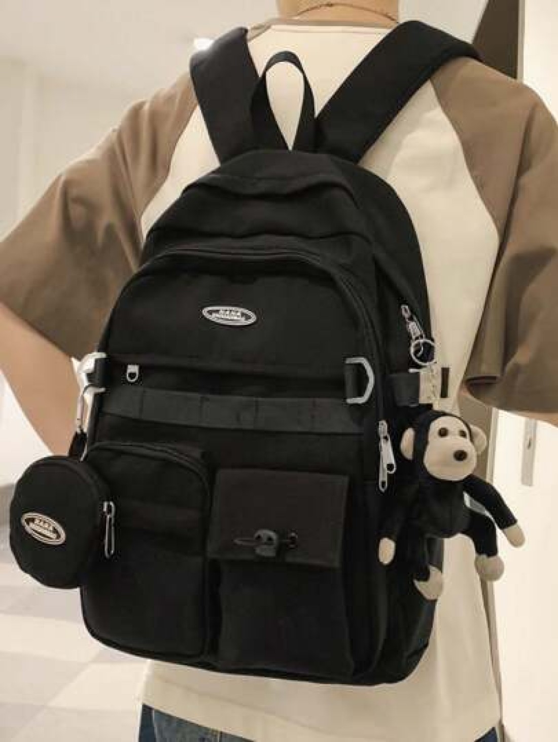 Solid Color Large Capacity Top Single Hand Strap With Zipper Nylon University Fashion Backpack Suitable For Students To Go To School To Buy And Give Away The Small Pendant In The Picture Fall Travel W