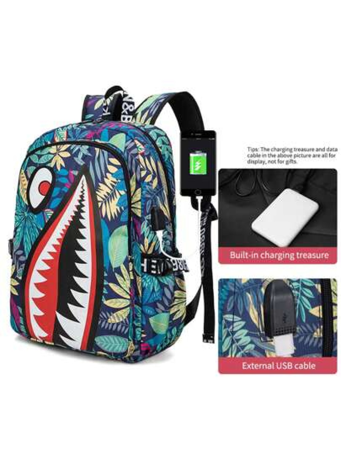 Men s Stylish Shark Mouth Print Backpack Shoulder Bag Contrast Color Letter Leaf Print Versatile College Bookbag All Over Random Print Large Capacity Lightweight Nylon Travel Bag Water Resistant Fits