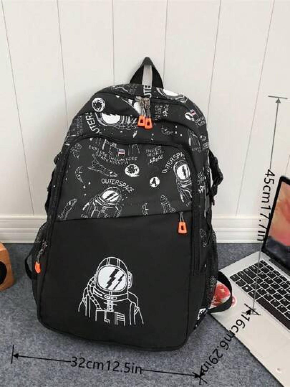 1pc Unisex Nylon Space Boy Printed Backpack With Letter Print Zip Closure Fashionable Casual Shoulder Bag For School