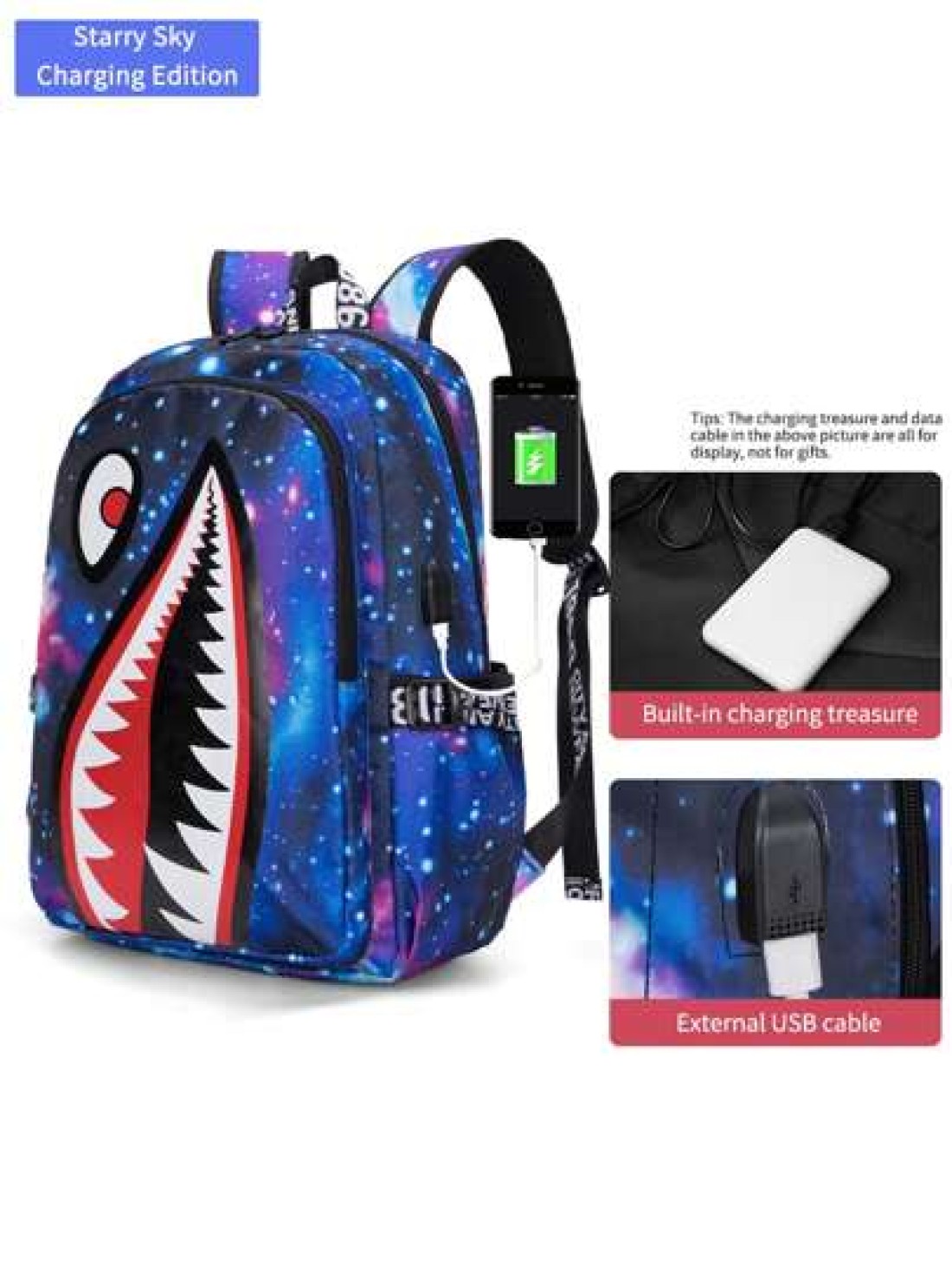 Men s Fashionable Starry Sky Print Backpack Stylish Shark Mouth Print Bookbag With Random All Over Print USB Charging Port Large Capacity Lightweight Nylon Travel Bag University Commute Backpack Fits