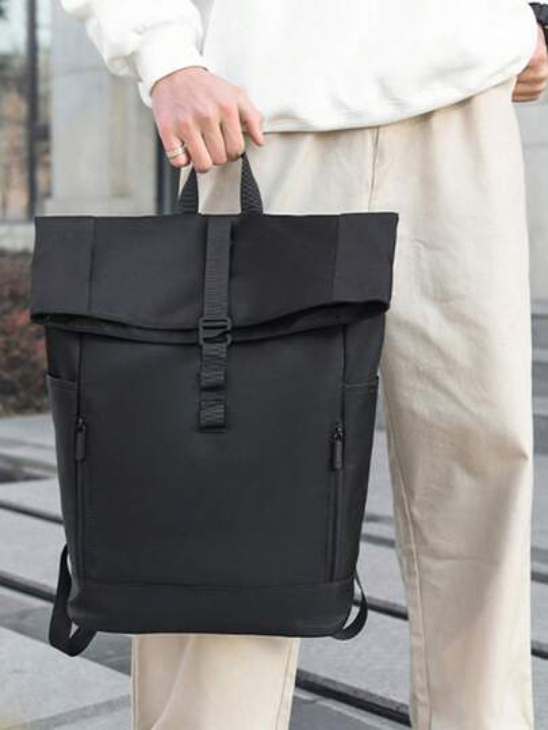 1pc Men s Backpack New Fashion Roll Top Flap Double Strap Backpack Large Capacity Business Casual Sports Outdoor Travel Waterproof Nylon Solid Color Music Festival Gift