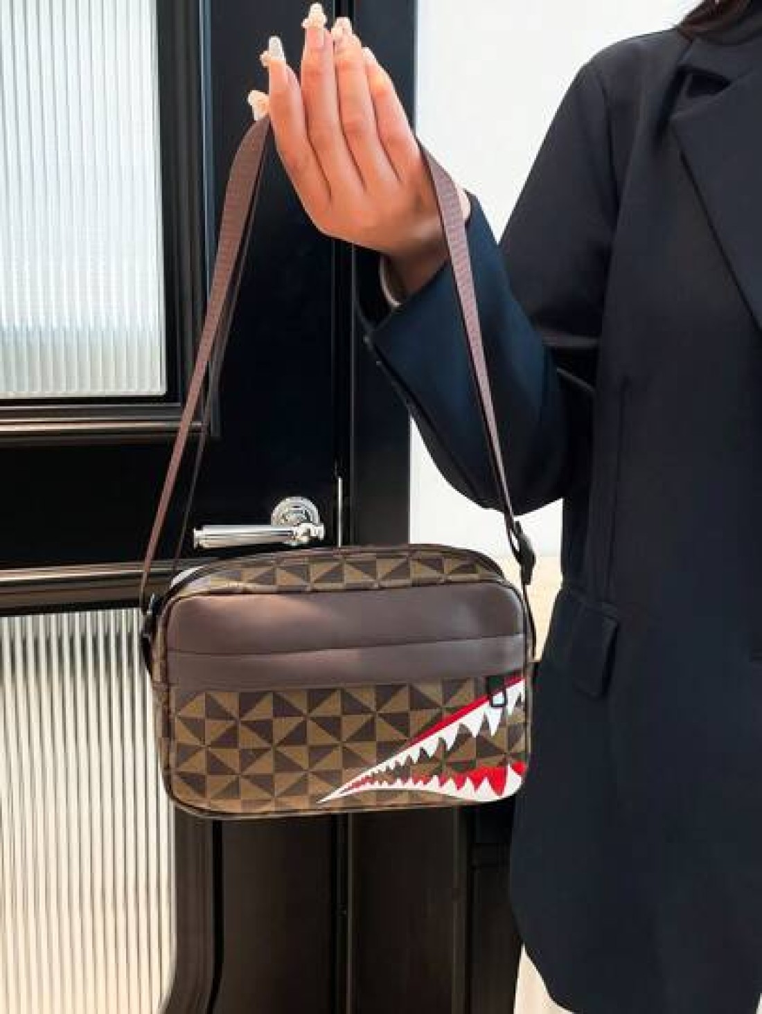 Fashionable Men s Casual Plaid Shoulder Sports Sling Bag Personality Small Square Men s Bag Business Personality Shark Mouth Anime Luxury Bags