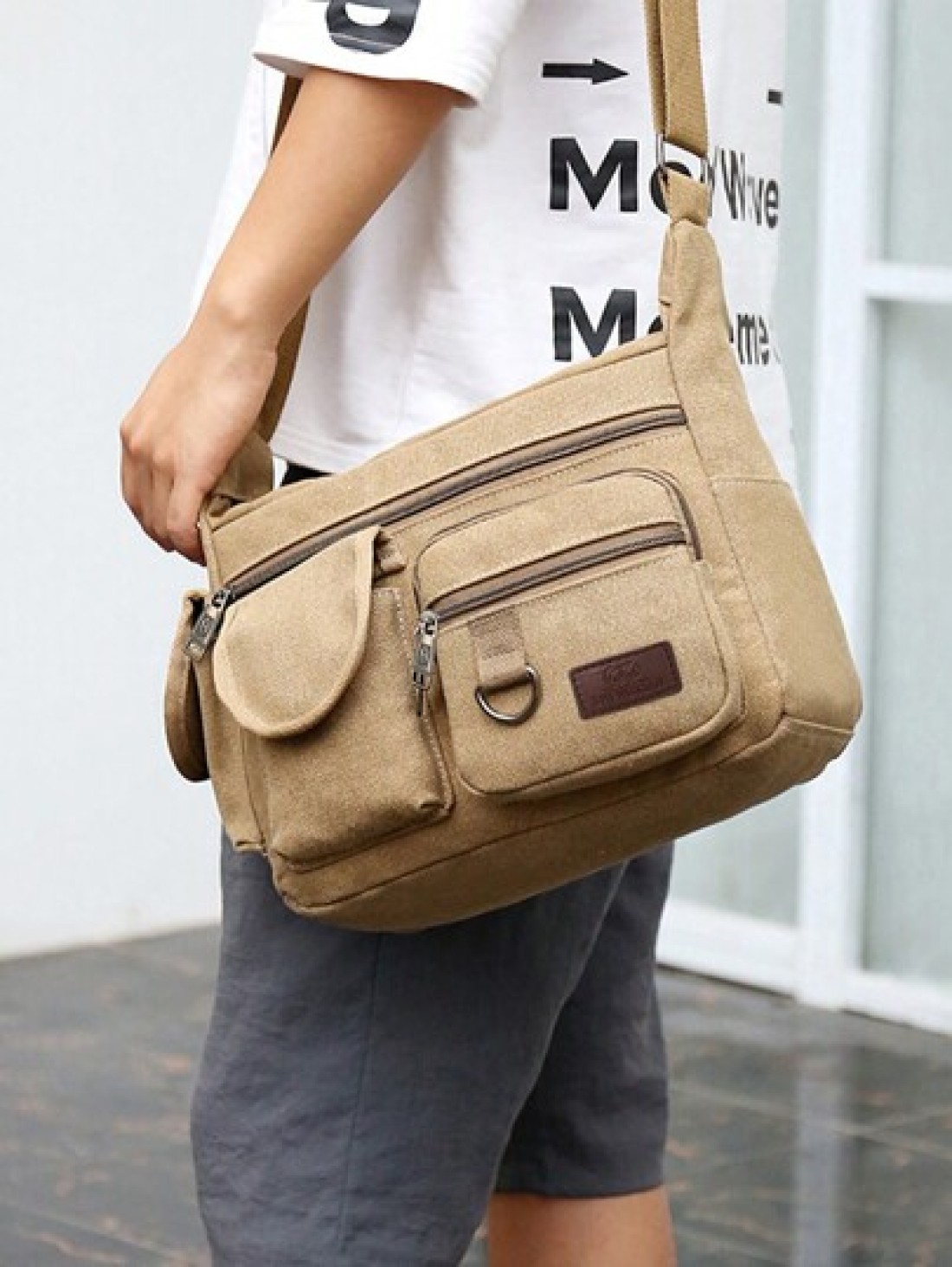 1Pc Khaki Canvas Shoulder Bag Large Capacity Multilayer Messenger Bag Student Travel Shoulder Bag Crossbody Bag Sling Bag For College School Lightweight Multifunctional Dad College Bag Freshman Multi