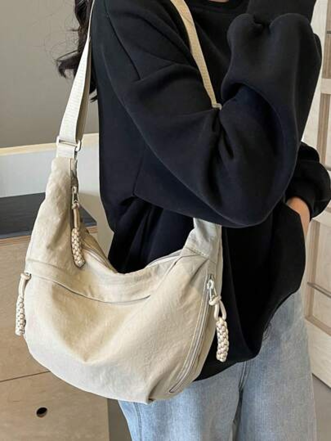 peach tree 1pc Peach Tree Crescent Moon Crossbody Bag Versatile Casual Large Capacity Adjustable Shoulder Strap Multi Pockets Vintage Lightweight Water Washed Nylon Material Christmas Men Bag Vacation