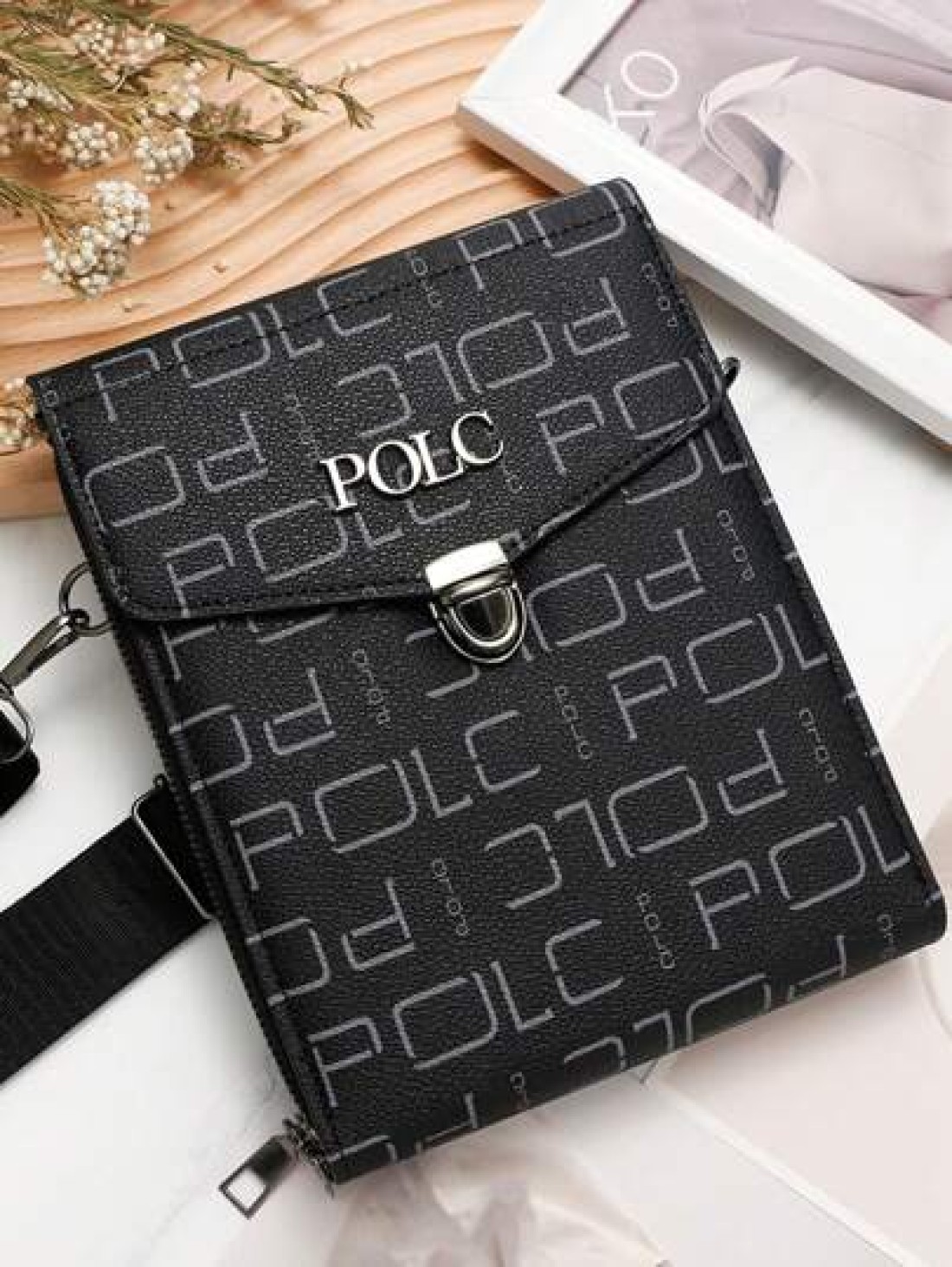 POLC Business Floral Print Men s Messenger Bag For Commuting Fashion Letter Flap Small Card Holder Phone Pouch PU Leather Large Capacity One Shoulder Bag Hanging Bag Small Square Bag Double Zipper Pho