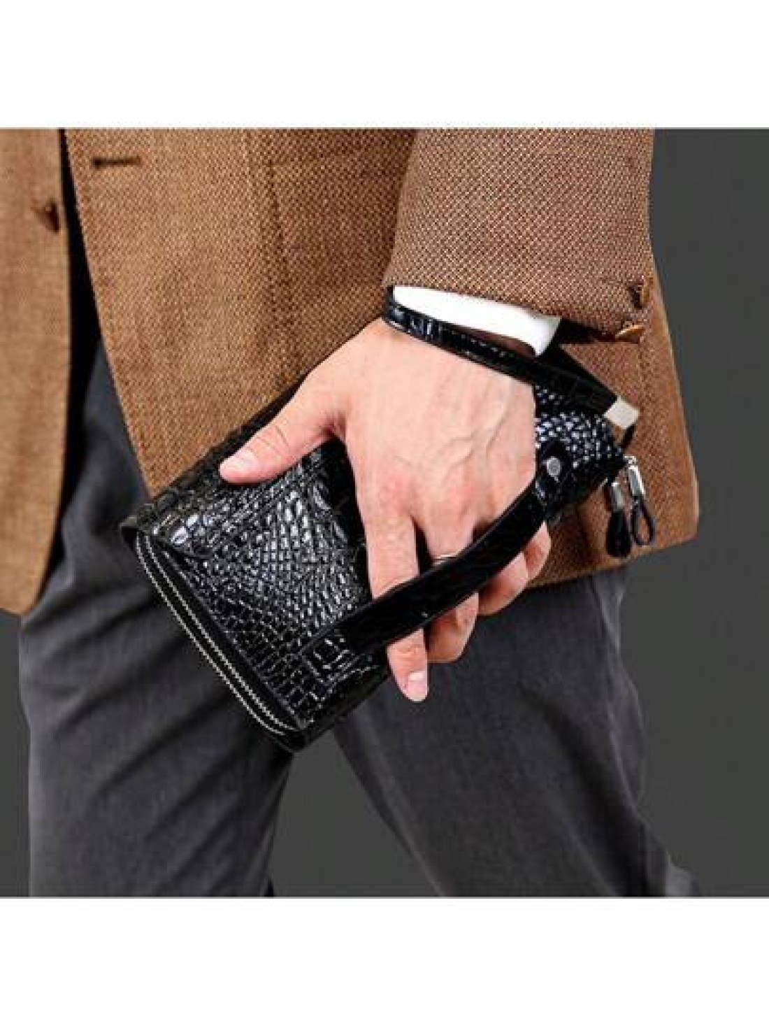 1pc Crocodile Embossed Black Pu Waterproof Wear Resistant Wallet Clutch Bag With Dual Zippers Retro European American Style Suitable For Outing Shopping Party Spring Summer New Arrival