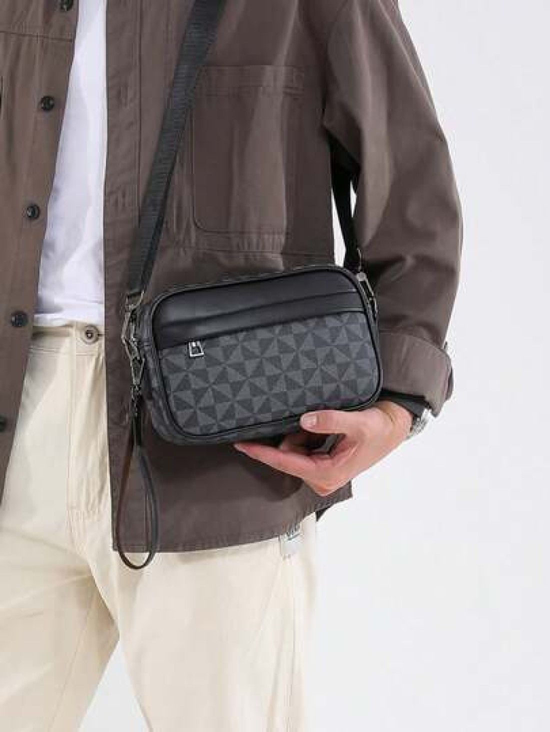 Black Fashion Business Shoulder Bag For Men PU Leather Messenger Bag Wide Strap Crossbody Bags Square Plaid Designer Male Sling Bags Luxury Bags