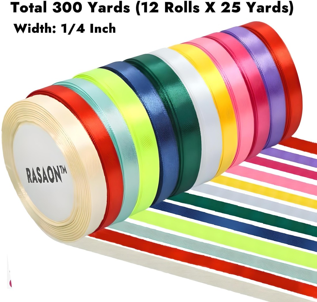 Satin Ribbon - 12 Rolls x 25 Yards (300 Yards Total) 1/4 Inch Wide Decorative Ribbon for Gift Wrapping, Crafts, and Party Decorations