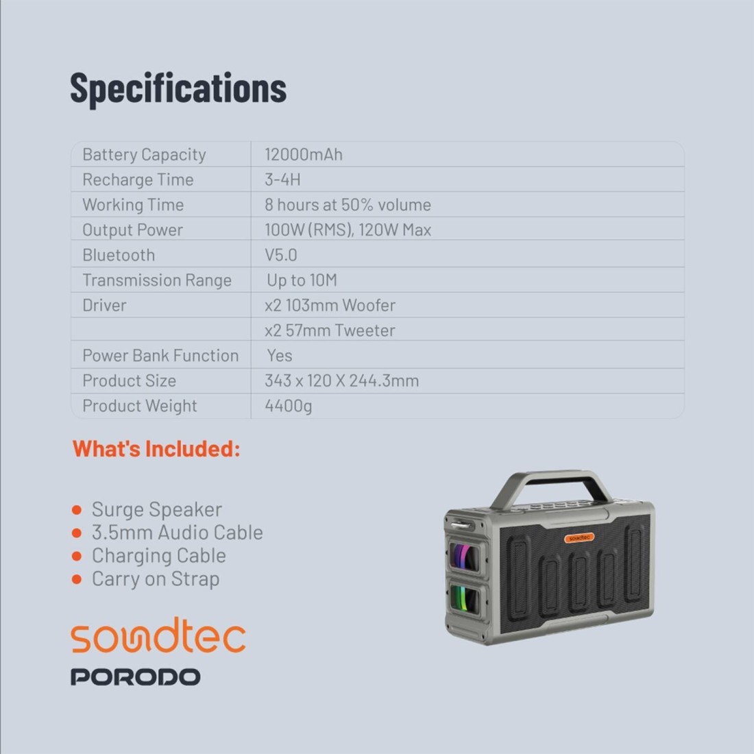 Porodo Soundtec Surge 2.2 Channel Party Speaker, 100W Max Output Power, 12000mAh Battery, Bluetooth V5.0, IPX5 Water-Resistant, Multi-Band Equalizer, RGB Lights
