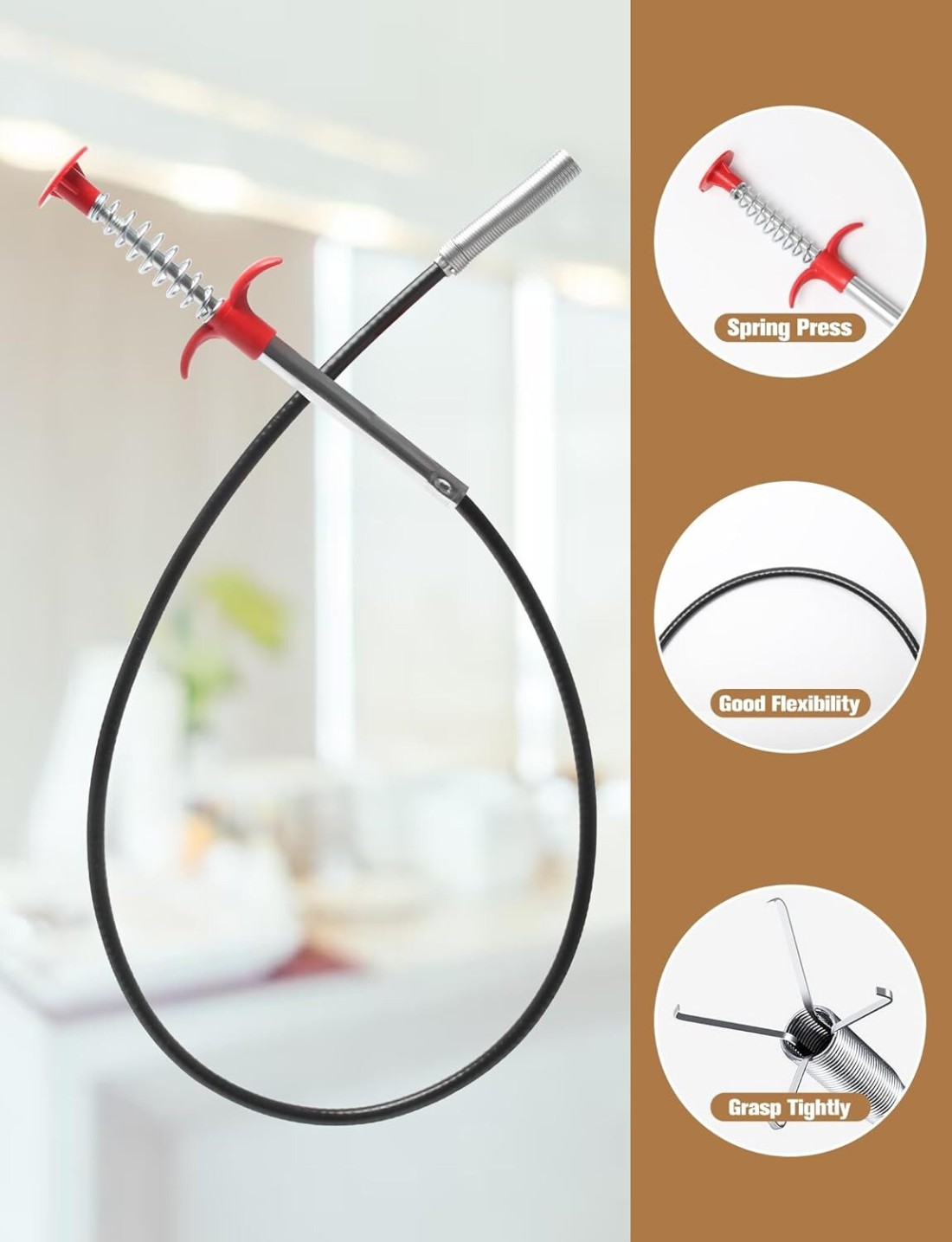 62-Inch Drain Snake Tool - Heavy-Duty Hair Clog Remover &amp; Sink Cleaner for Kitchen, Bathroom, Shower, Tub, and Toilet.