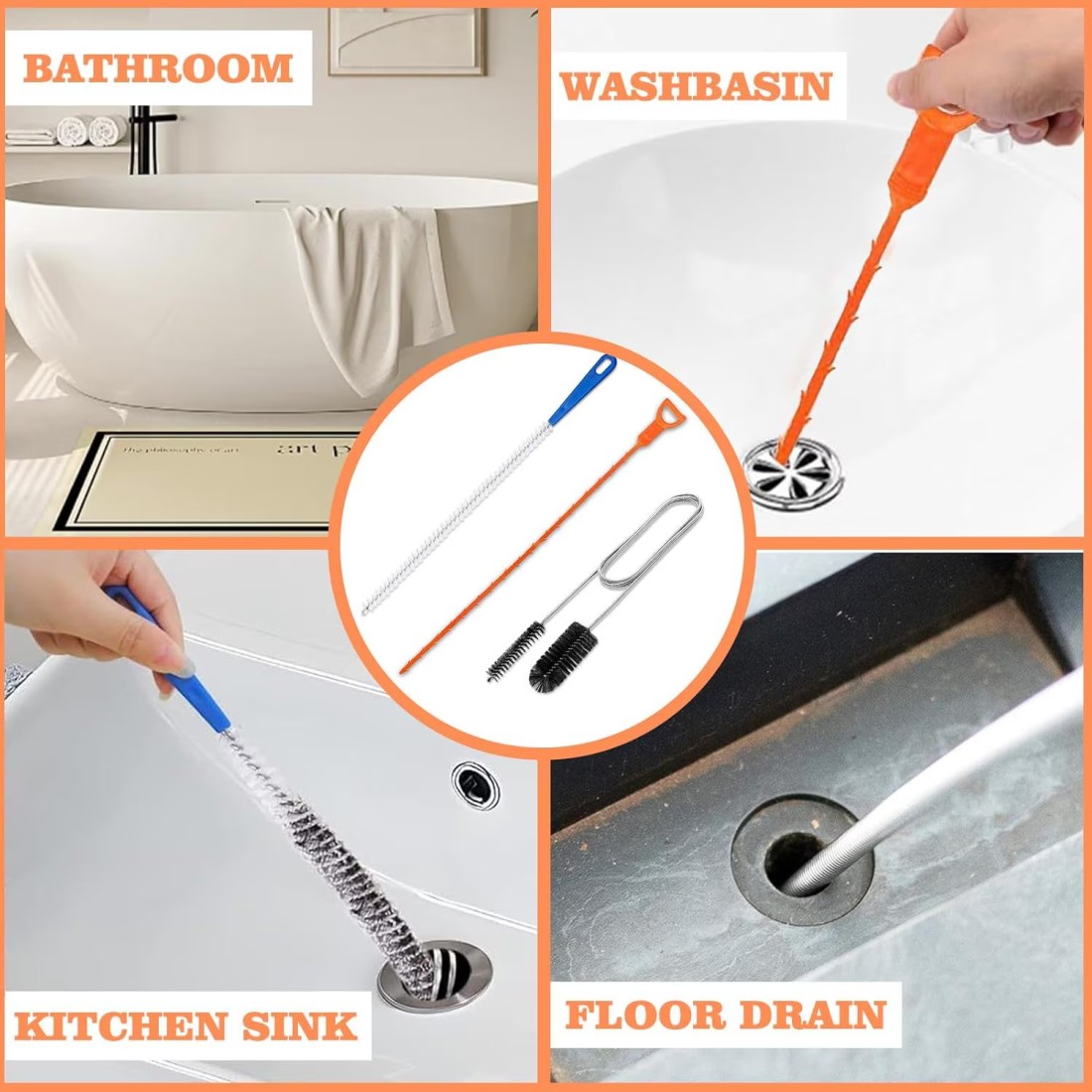 3-Piece Drain Cleaning Kit &ndash; Includes a 155cm Dual-Sided Pipe Cleaning Brush, 45cm Sink Unclogging Brush, and 50cm Hair Removal Tool for Showers, Bathrooms, and Kitchen Drains