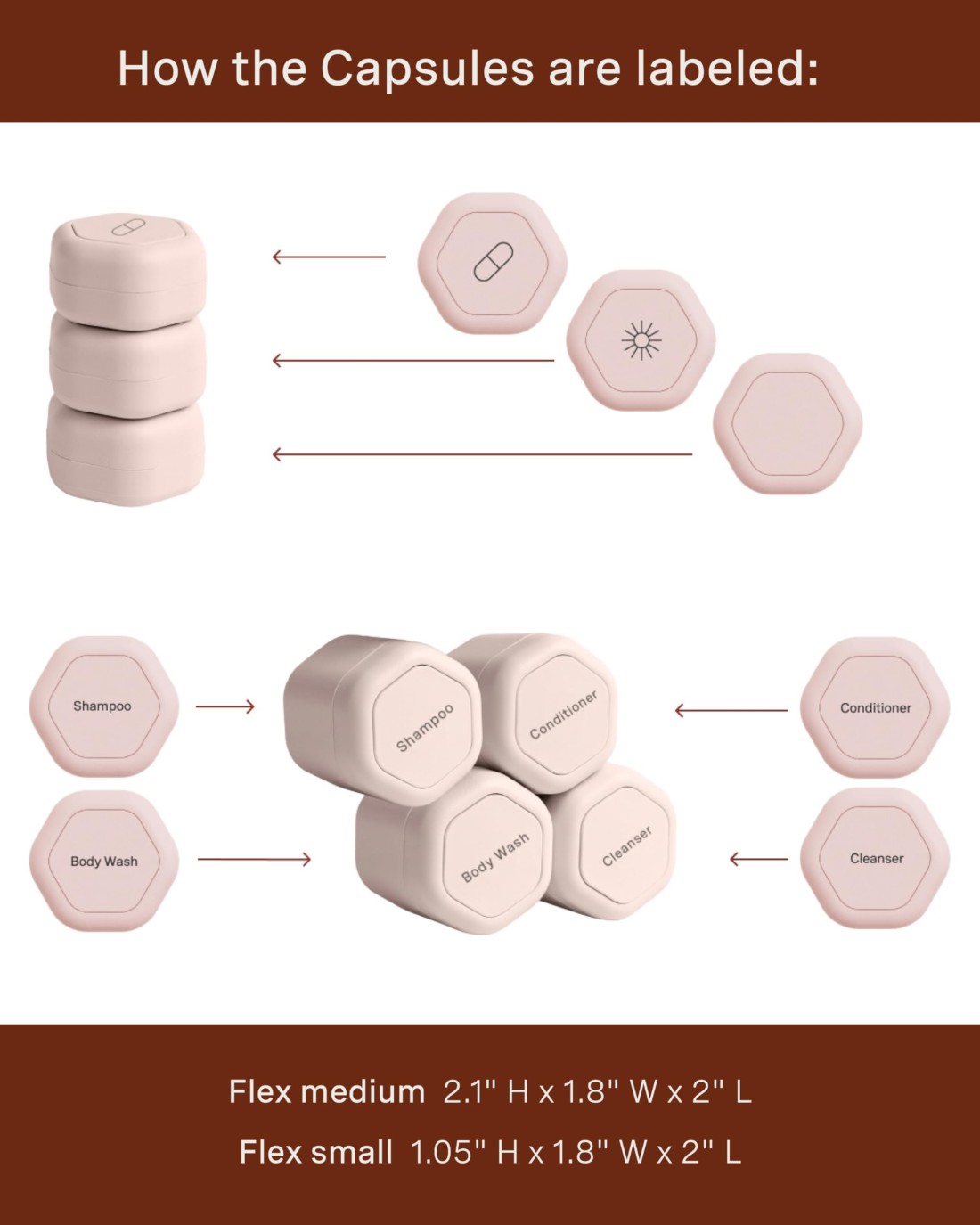 CadenceTravel Containers Daily Routine Capsule Set Magnetic Travel Capsules For Shampoo Conditioner Body Wash Pills and More 4 Flex Mediums 132oz 3 Flex Smalls 056oz Petal