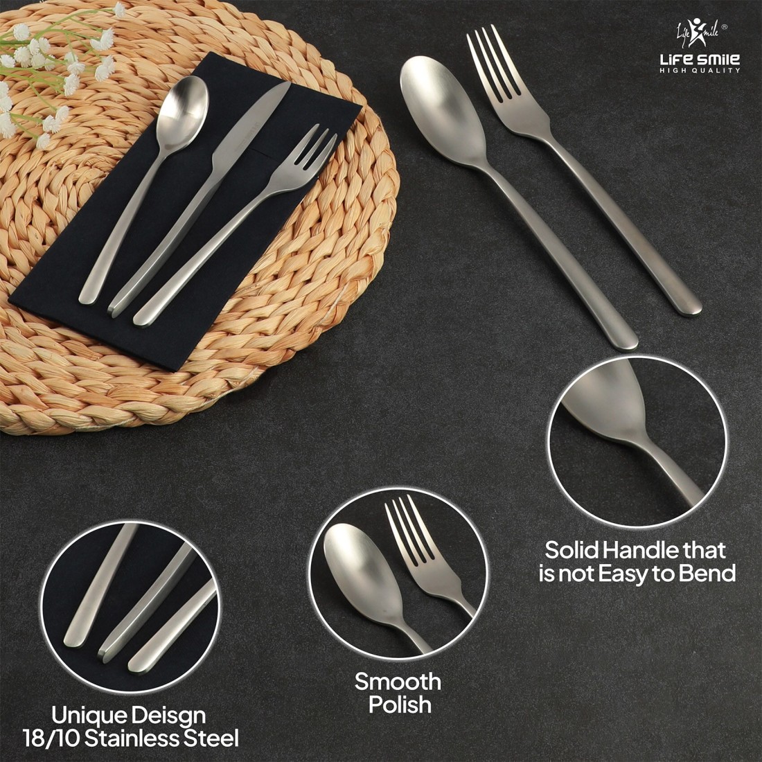 LIFE SMILE Cutlery Set, 18/10 Pure Stainless Steel Flatware Set with Stand, Rust Proof &amp; Fade Proof Dinnerware Set (MATTE SILVER, 88 Pieces)